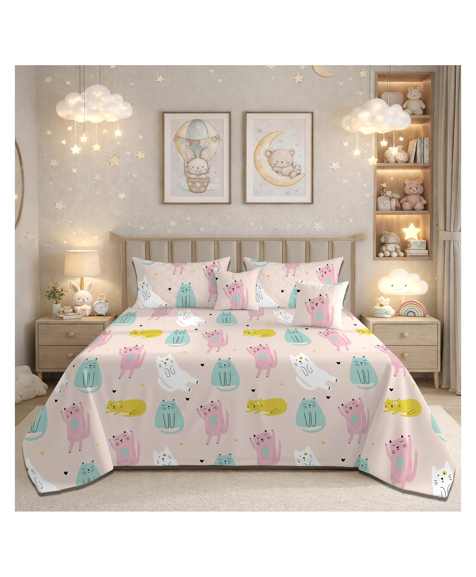 Morado Colorful Cat Printed Quilted 5 Pcs Bedding Set - Baby Pink-image-27