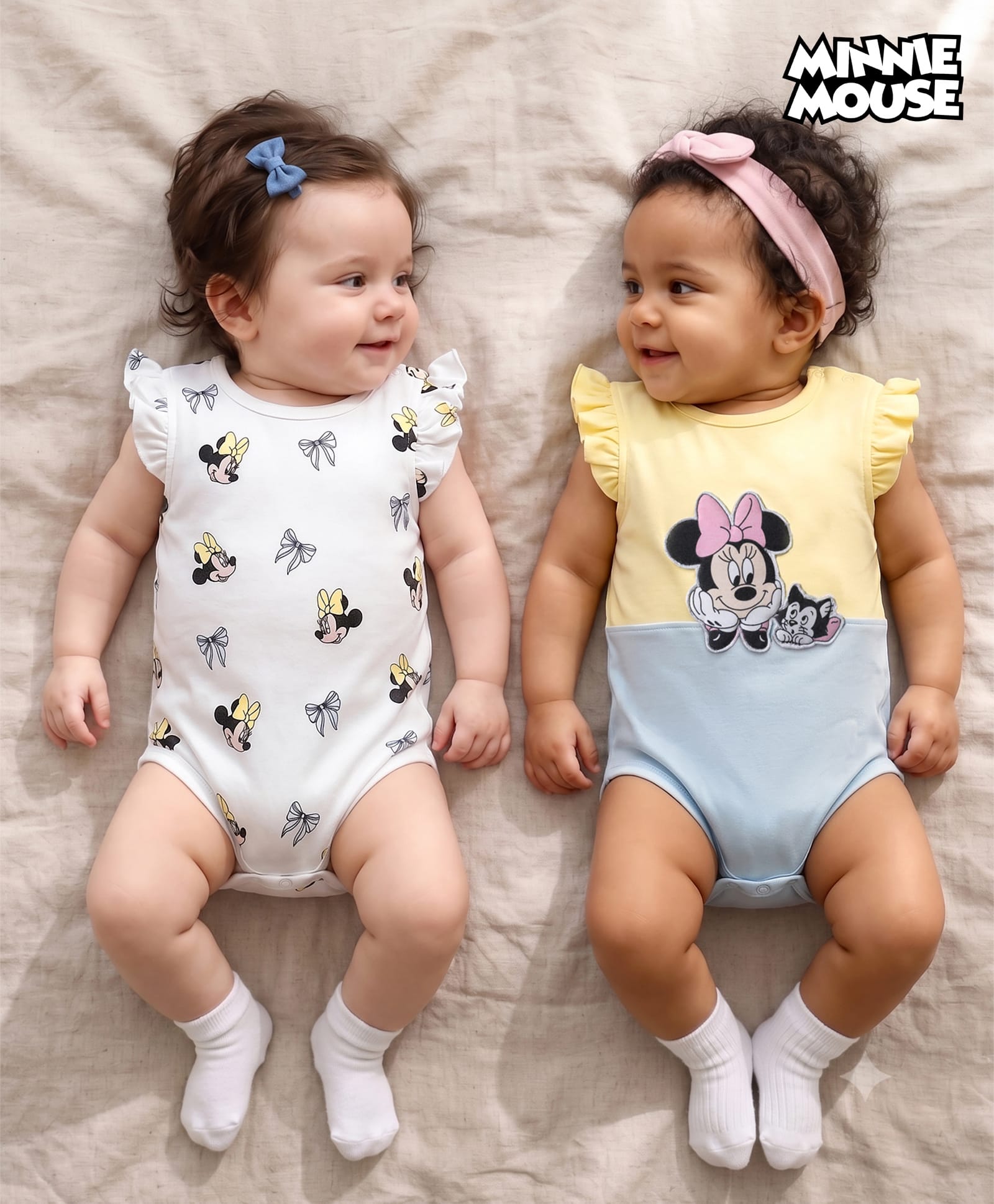Babyhug Disney 100% Cotton Knit Half Sleeves Onesie With Minnie Mouse Graphics Pack Of 2 - White Yellow & Light Blue-picture-23