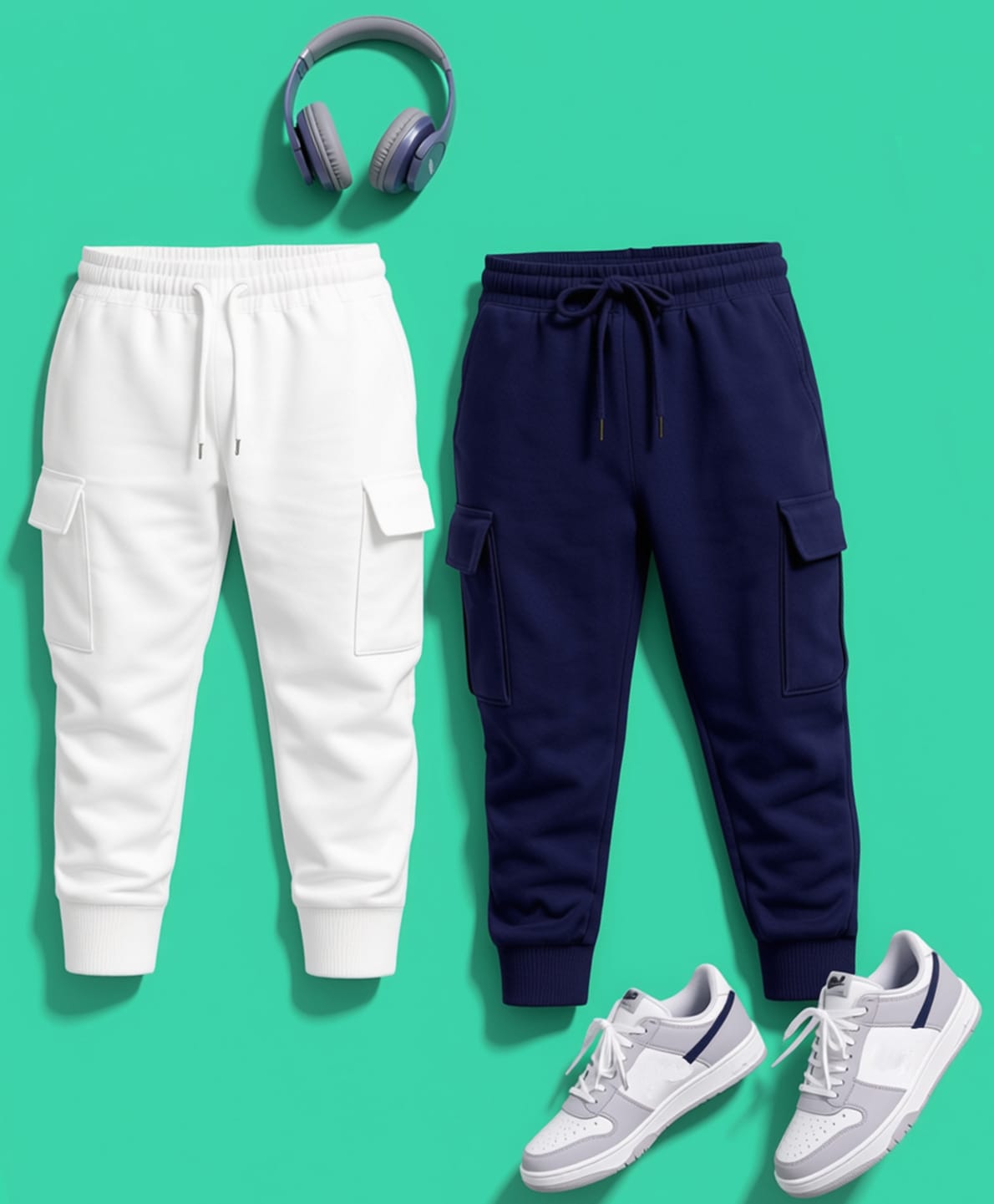 NUSYL Cotton Blend Knit Pack of 2 Solid Cargo Style Track Pants - White & Navy Blue-picture-23