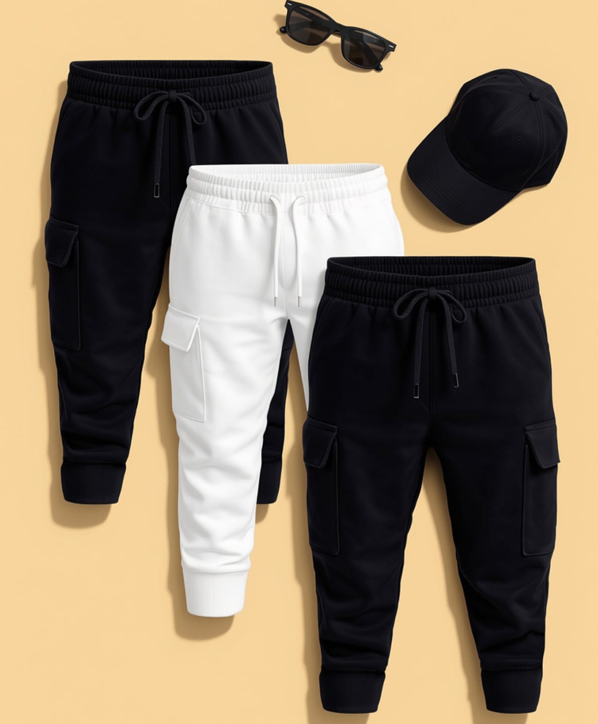 NUSYL Cotton Blend Knit Pack Of 3 Solid Cargo Styled Track Pants - White & Black-image-36
