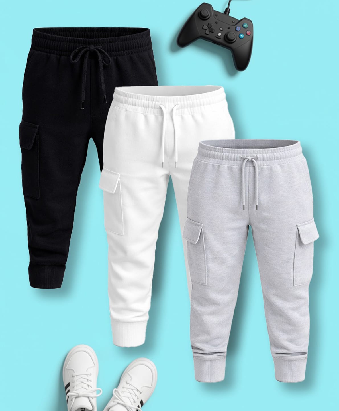 NUSYL Cotton Blend Knit Pack Of 3 Solid Cargo Styled Track Pants - White Grey & Black-picture-10