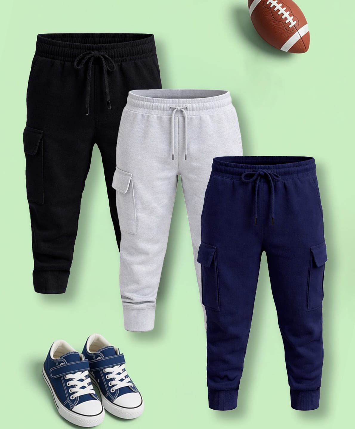 NUSYL Cotton Blend Knit Pack Of 3 Solid Cargo Styled Track Pants - White Navy Blue & Black-picture-21