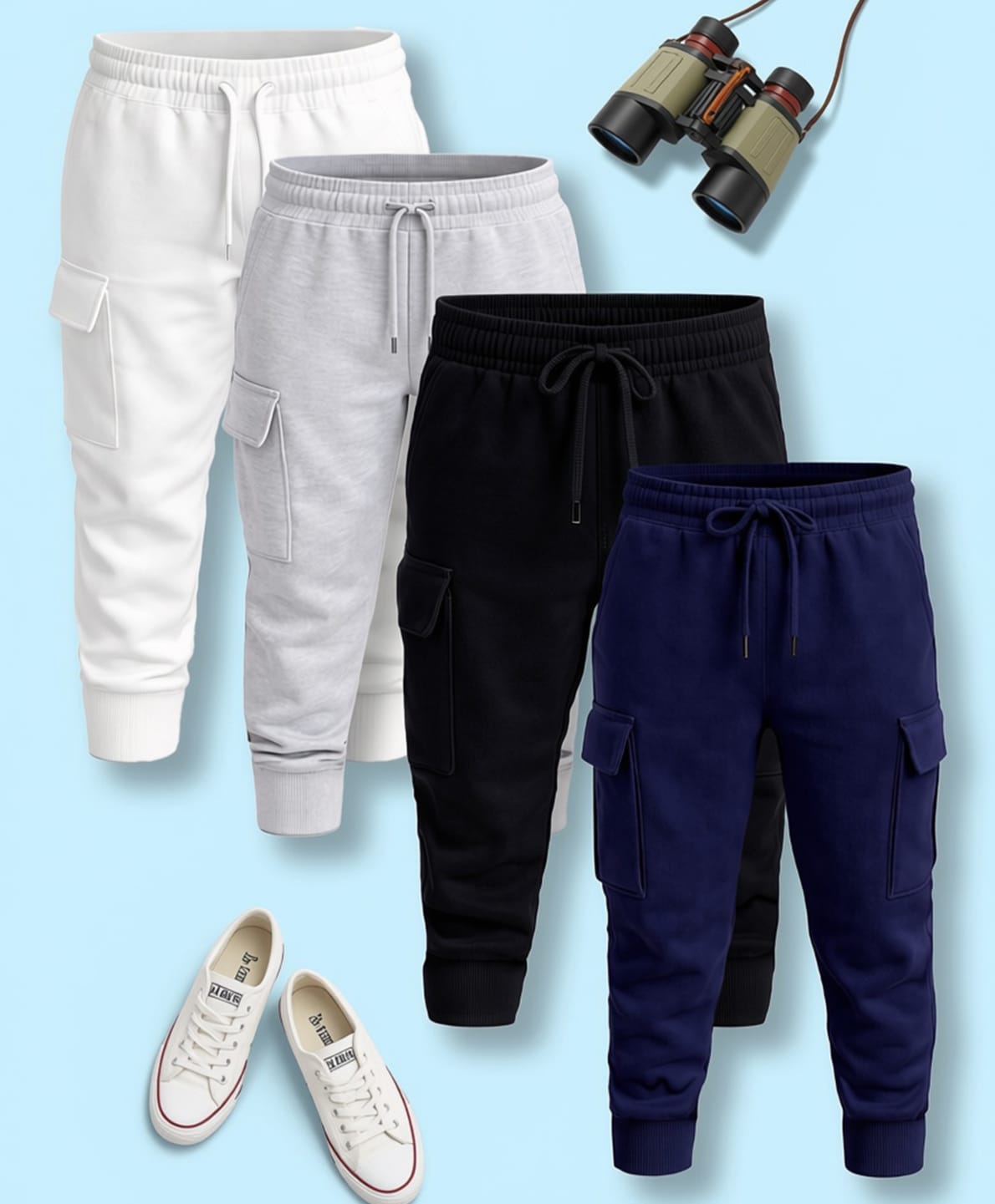 NUSYL Cotton Blend Knit Pack of 4 Solid Cargo Style Track Pants - White Black Navy Blue & Grey-picture-14