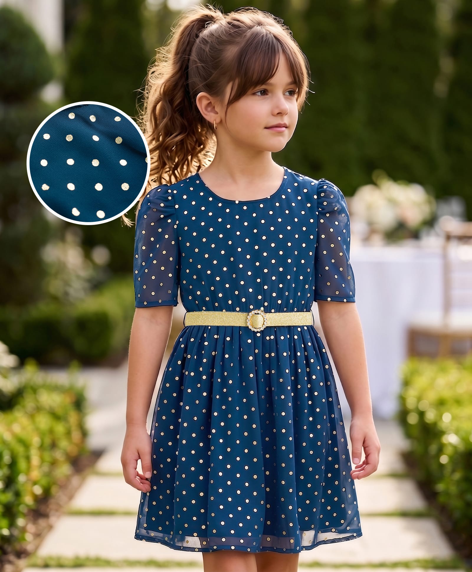 Hola Bonita Woven 3/4th Sleeves Polka Dots Foil Printed Fit & Flare Party Dress With Belt - Teal Blue-image-33