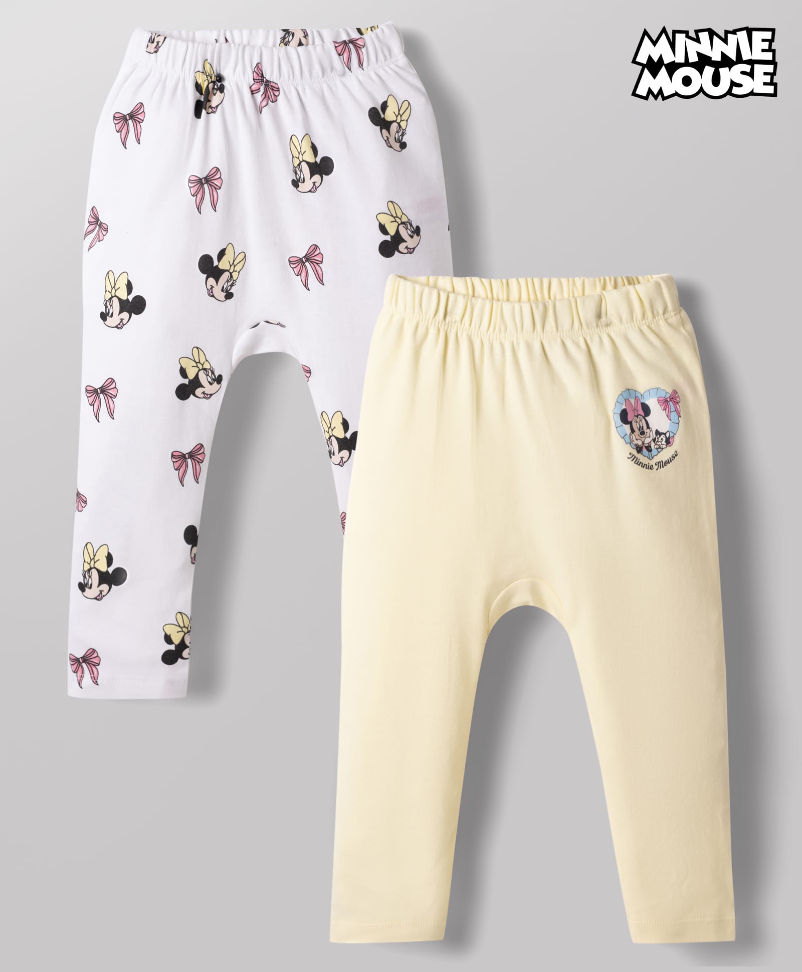 babyhug disney interlock knit full length diaper leggings with minnie mouse graphics pack of 2 - multicolor