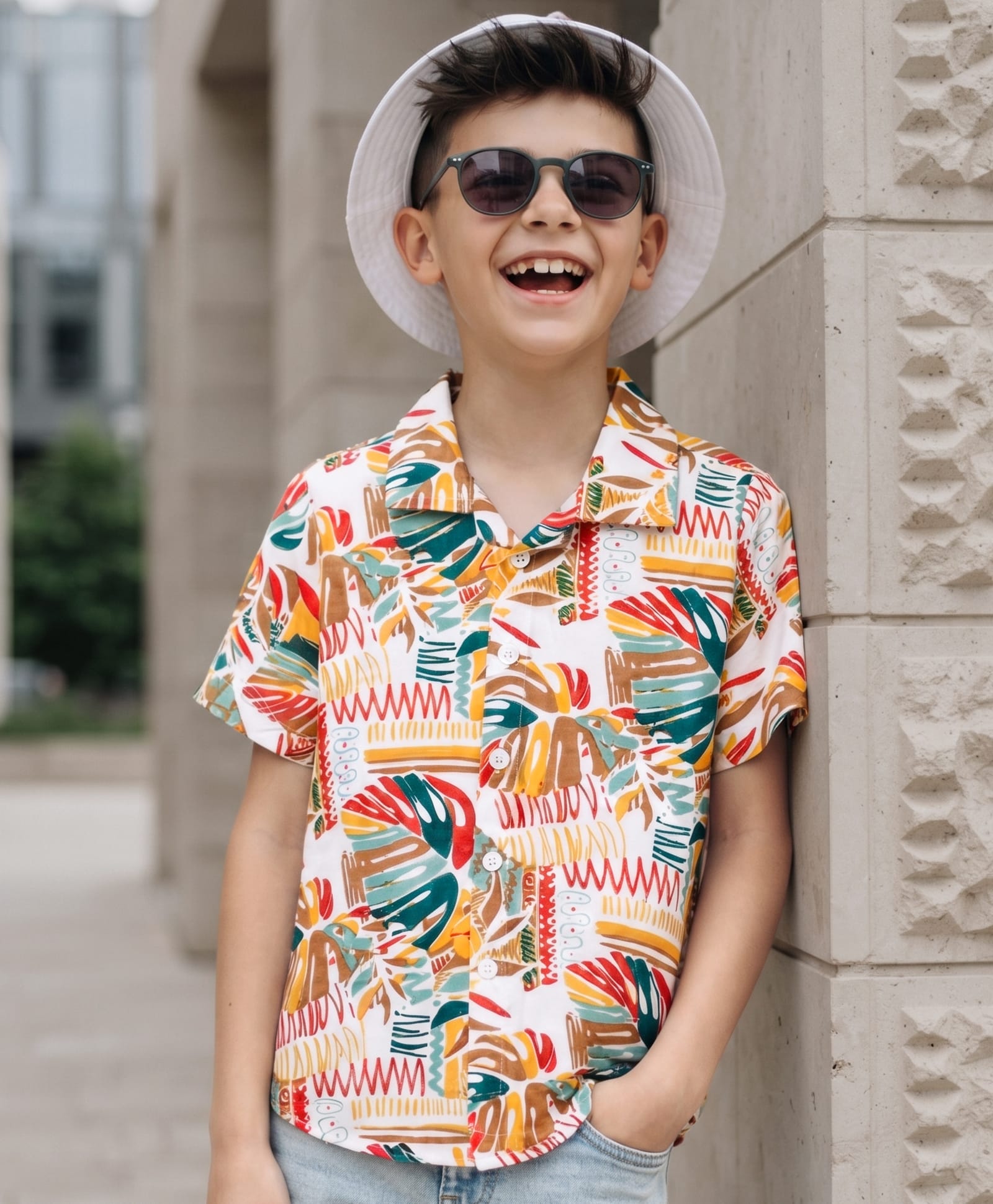 Ollington St. Cotton Knit Shirt with Half Sleeves and Tropical Theme Print in White for 4-5 Years-picture-33