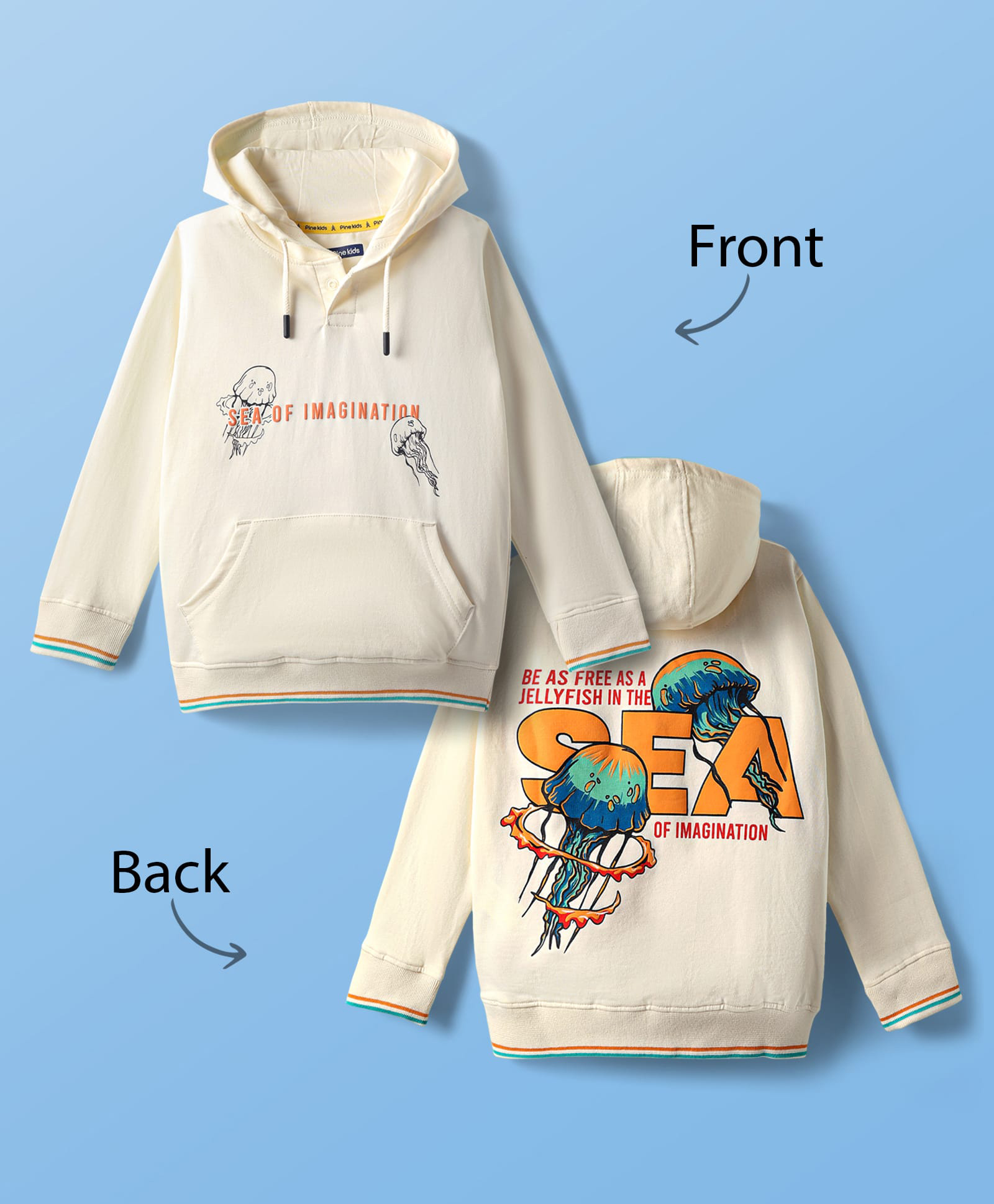Pine Kids Cotton Knit Full Sleeves Hooded Sweatshirt with Front & Back Jellyfish Print & Kangaroo Pockets - Off White-picture-24
