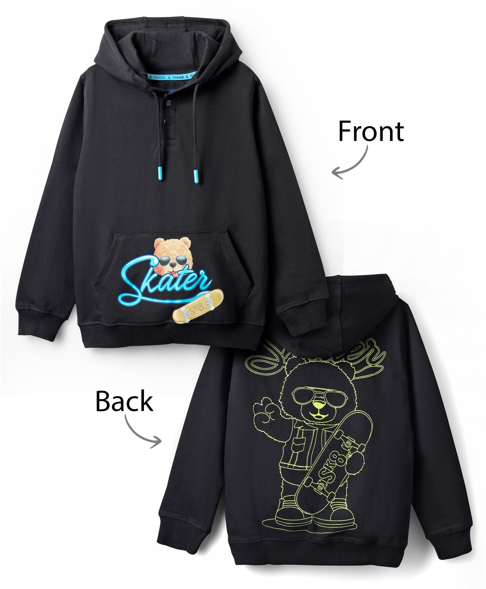 Pine Kids 100% Cotton Knit Full Sleeves Text & Bear Printed Hooded Sweatshirt With Kangaroo Pocket - Black-picture-30