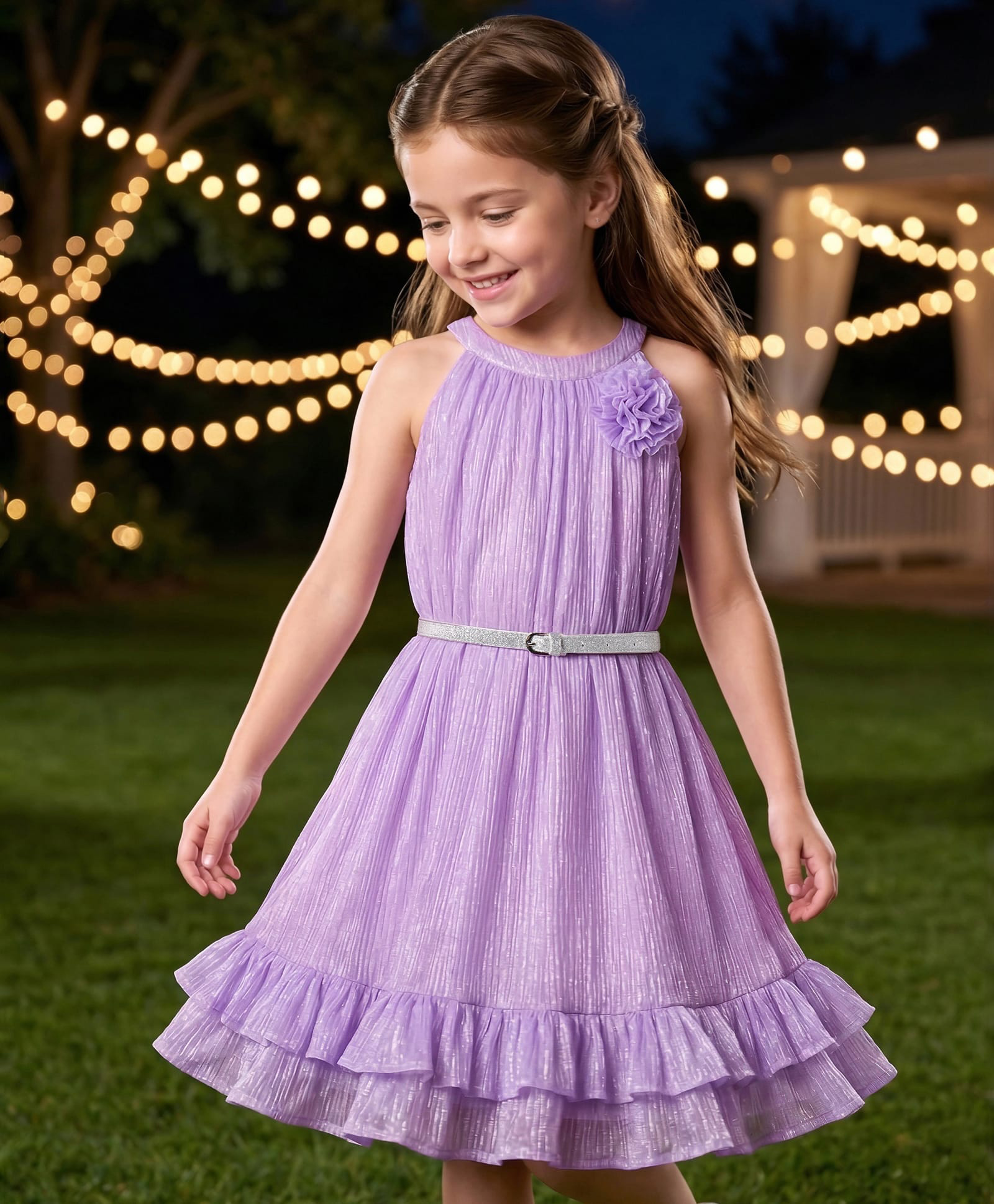 Hola Bonita Knit Sleeveless Structured Shimmer Party Dress With Belt - Lilac-image-9