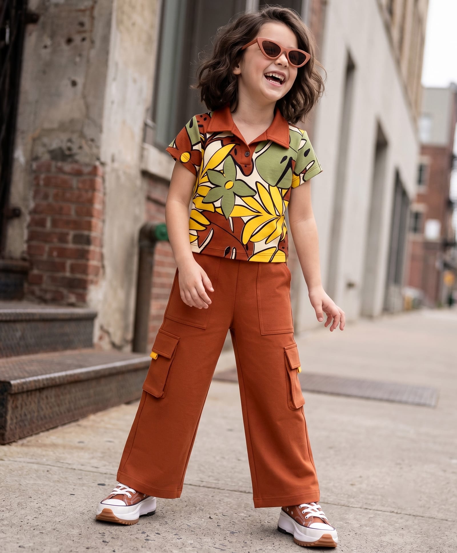 OLLINGTON ST. Sinker Knit Half Sleeves Polo Collar Neck Top & Culottes Set - Rust-image-38