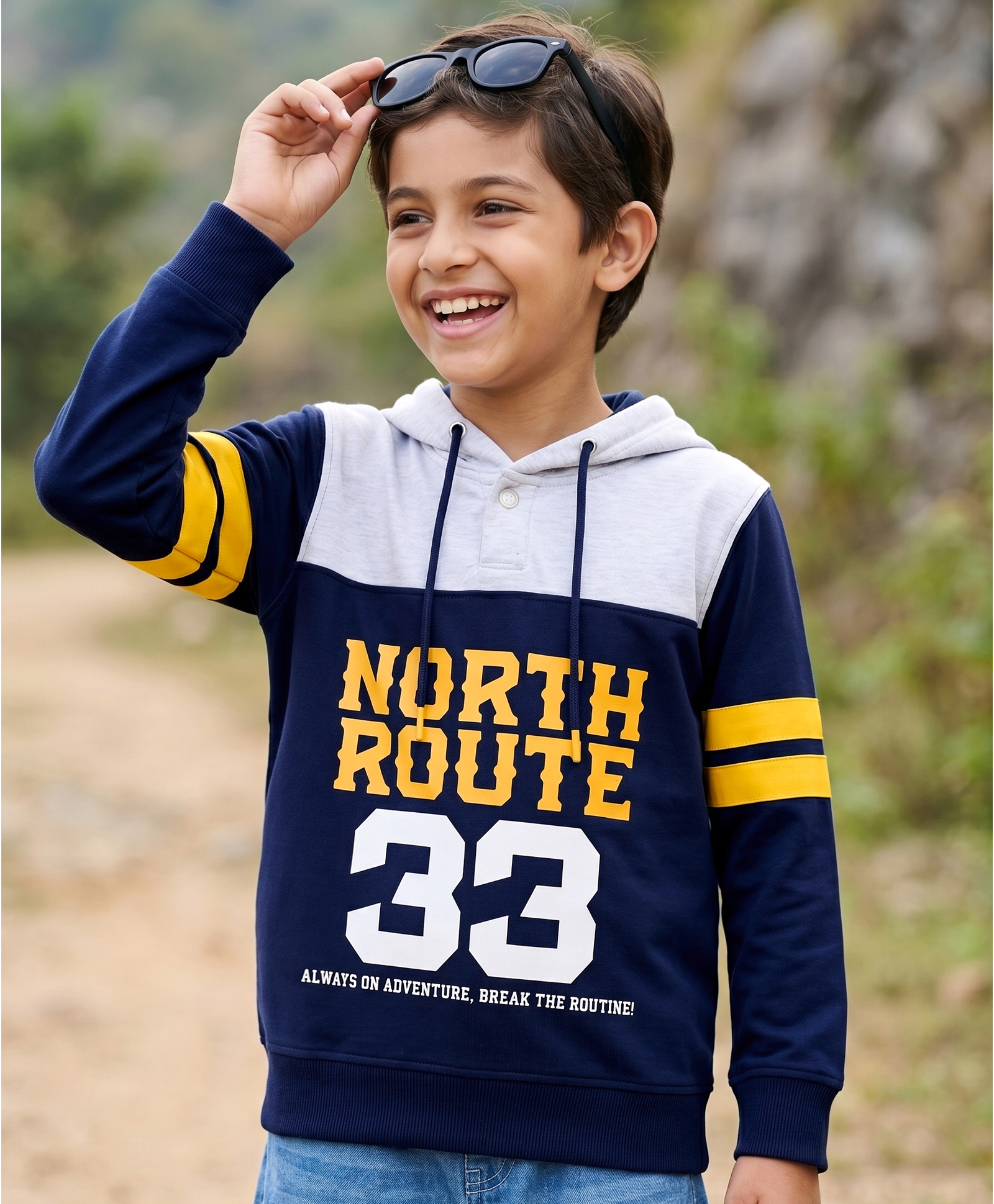 Pine Kids 100% Cotton Knit Full Sleeves Text Printed Hooded Sweatshirt - Navy Blue-image-31