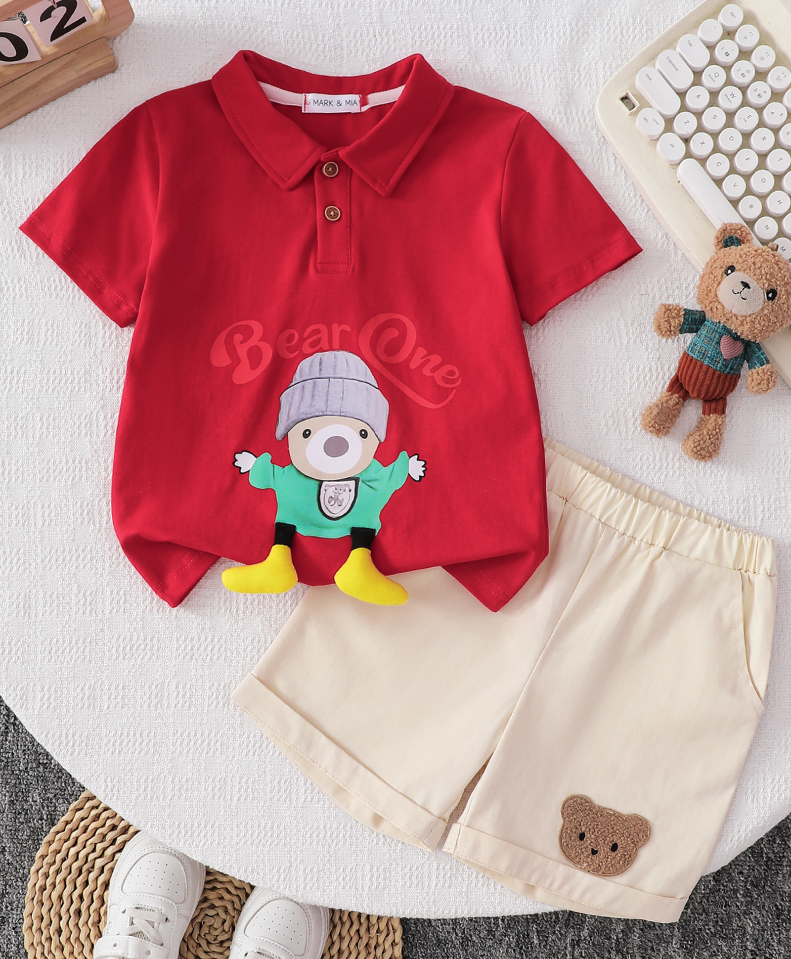 Mark & Mia Cotton Half Sleeves Polo T-Shirt & Shorts Set With Bear Print - Red-picture-22