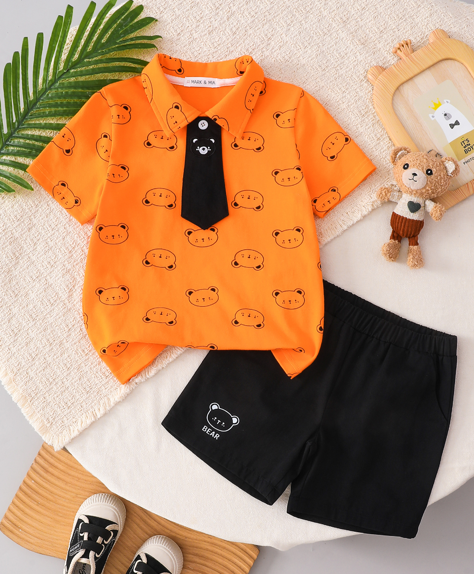 Mark & Mia Cotton Half Sleeves T-Shirt & Shorts With Bear Print & Tie Applique - Orange-picture-10