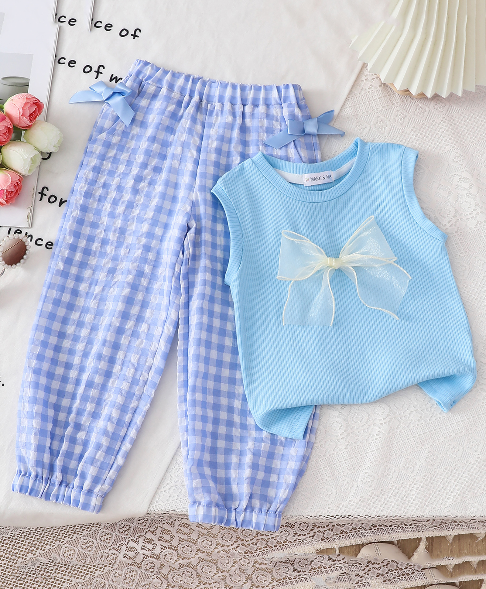 Mark & Mia Viscose Sleeveless Tank T-Shirt & Checks Pant Set With Bow Applique - Blue-image-9
