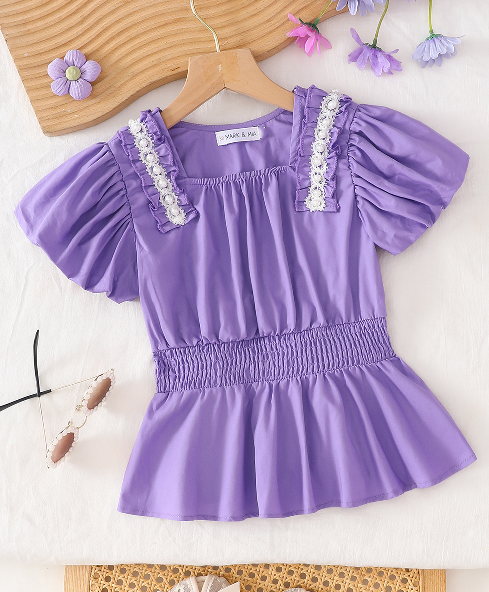 Mark & Mia Cotton Woven Half Sleeves Top With & Pearl Embellishment Lace Detailing - Purple-image-49