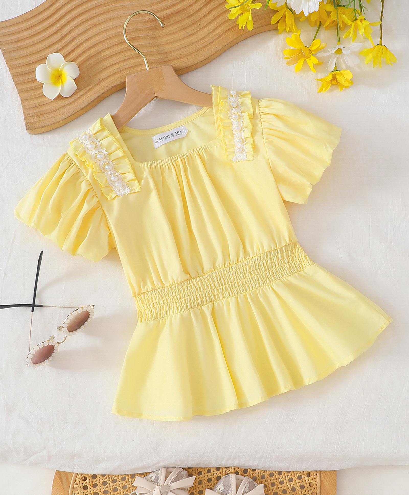 Mark & Mia Cotton Woven Half Sleeves Top With & Pearl Embellishment Lace Detailing - Yellow-image-38