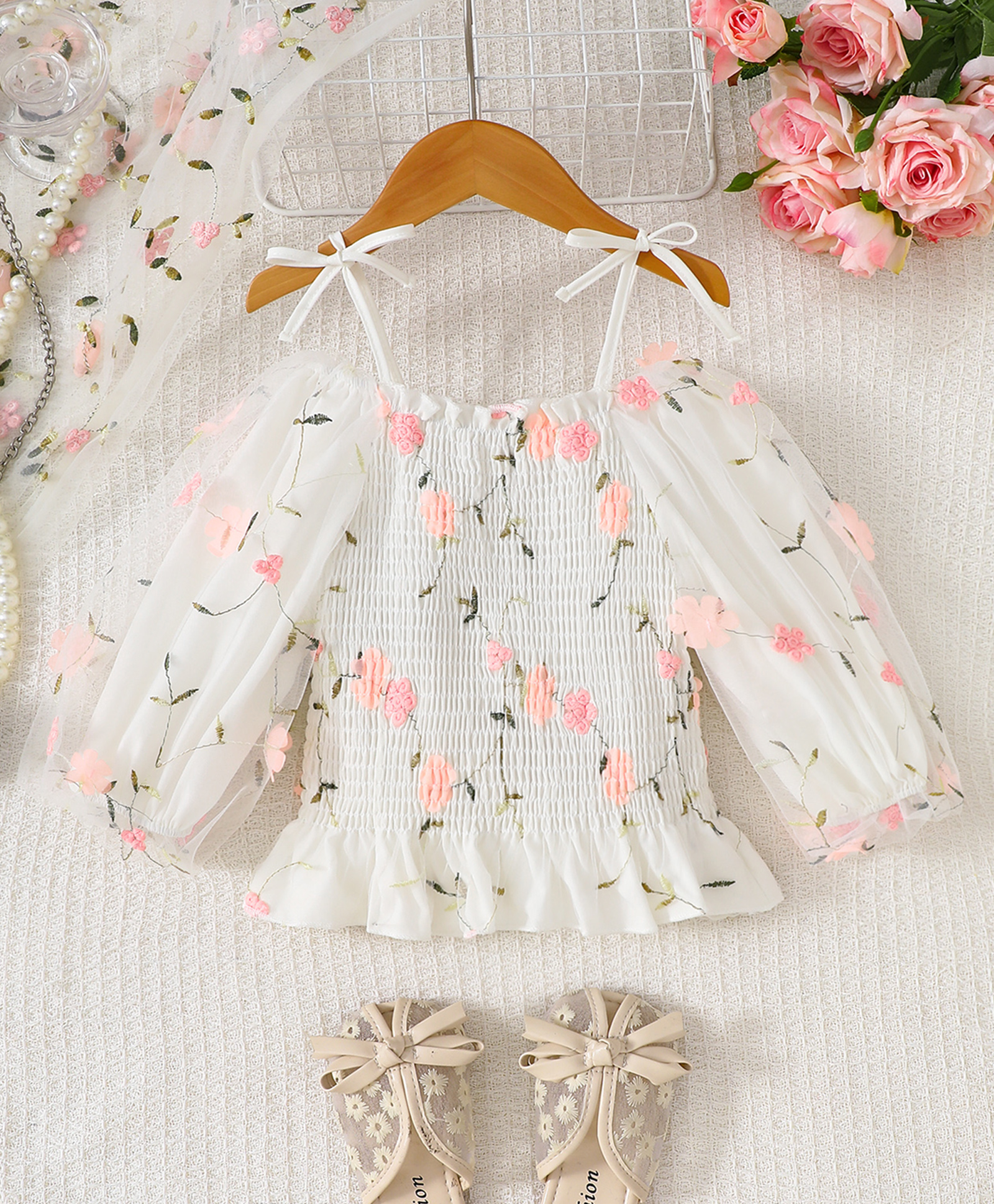 Mark & Mia Cotton Woven Smocked Floral Embroidered Cold Shoulder Top White 12-18 Months-picture-22