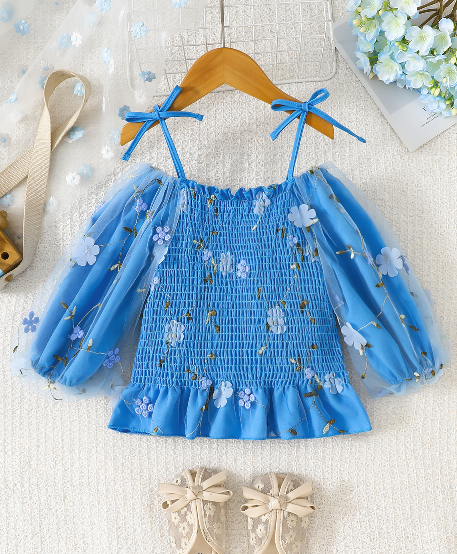 Mark & Mia Cotton Woven T-Shirts Smocked Off-Shoulder Floral Embroidered Blue 2-3 Years-image-42