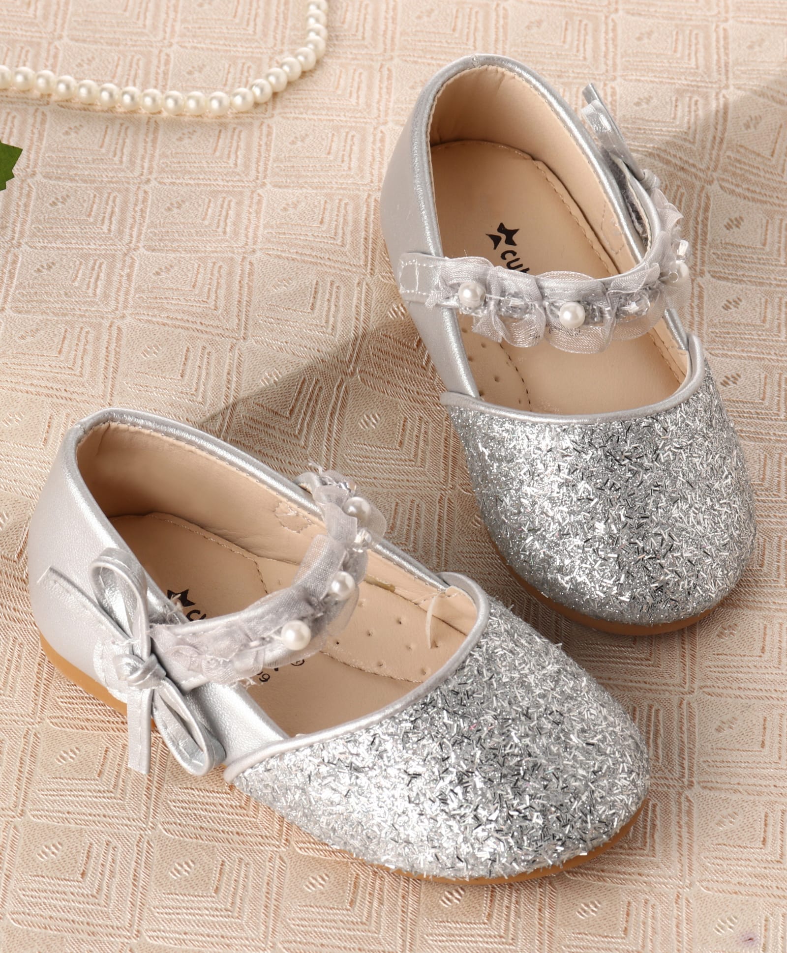 Cute Walk by Babyhug Velcro Closure Ballerina With Pearl Embellishment & Bow Applique - Silver
