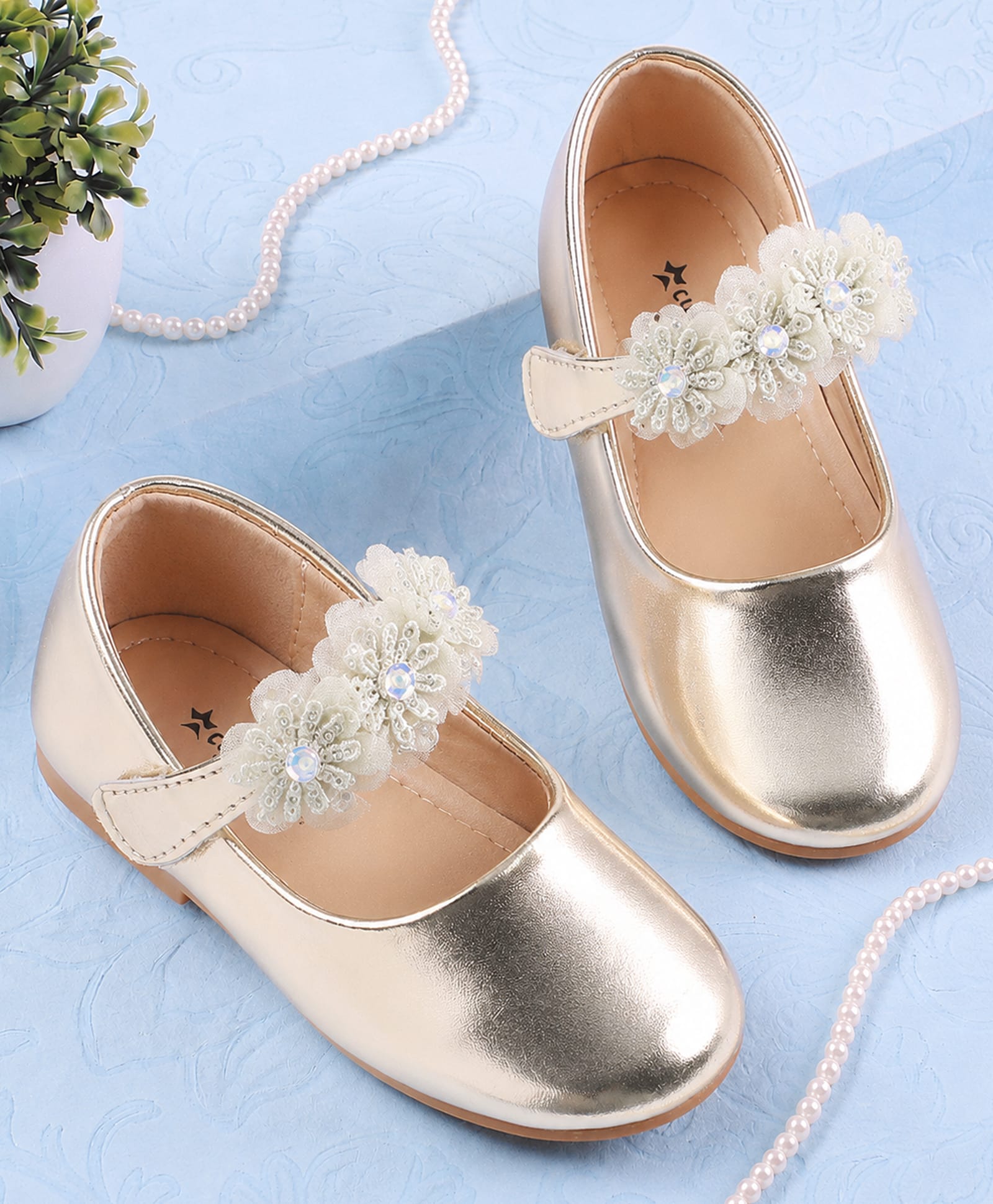 Cute Walk by Babyhug Velcro Closure Ballerina with Floral Applique - Golden