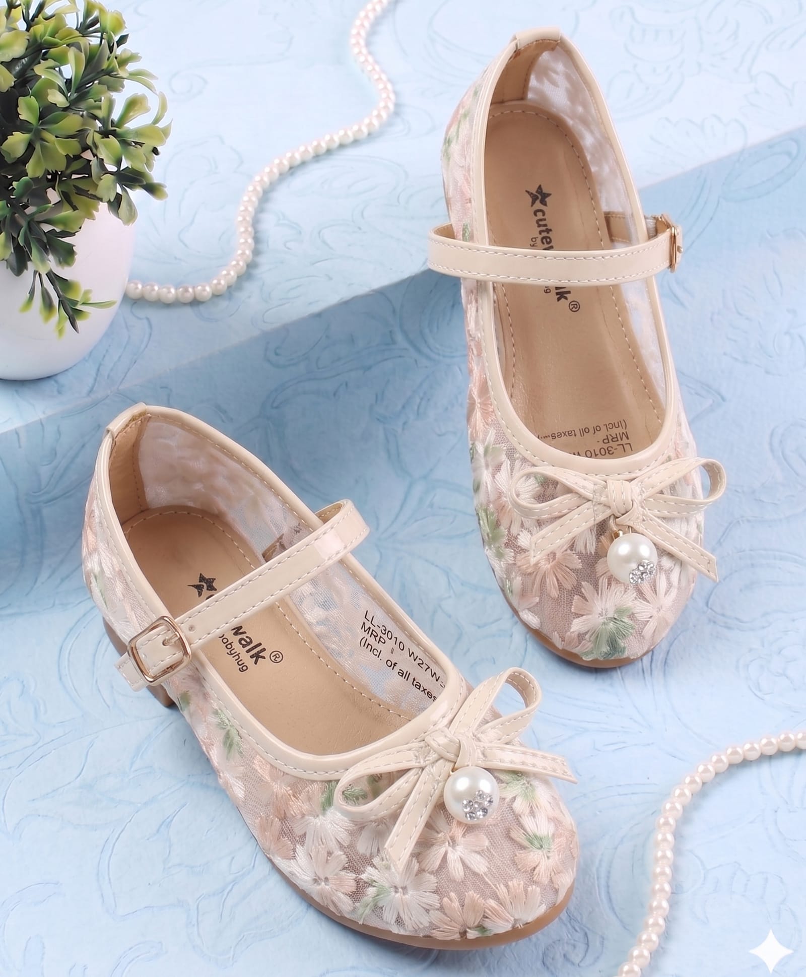 Cute Walk by Babyhug Buckle Closure Floral Embroidered Ballerina With Bow Applique - Beige-image-6