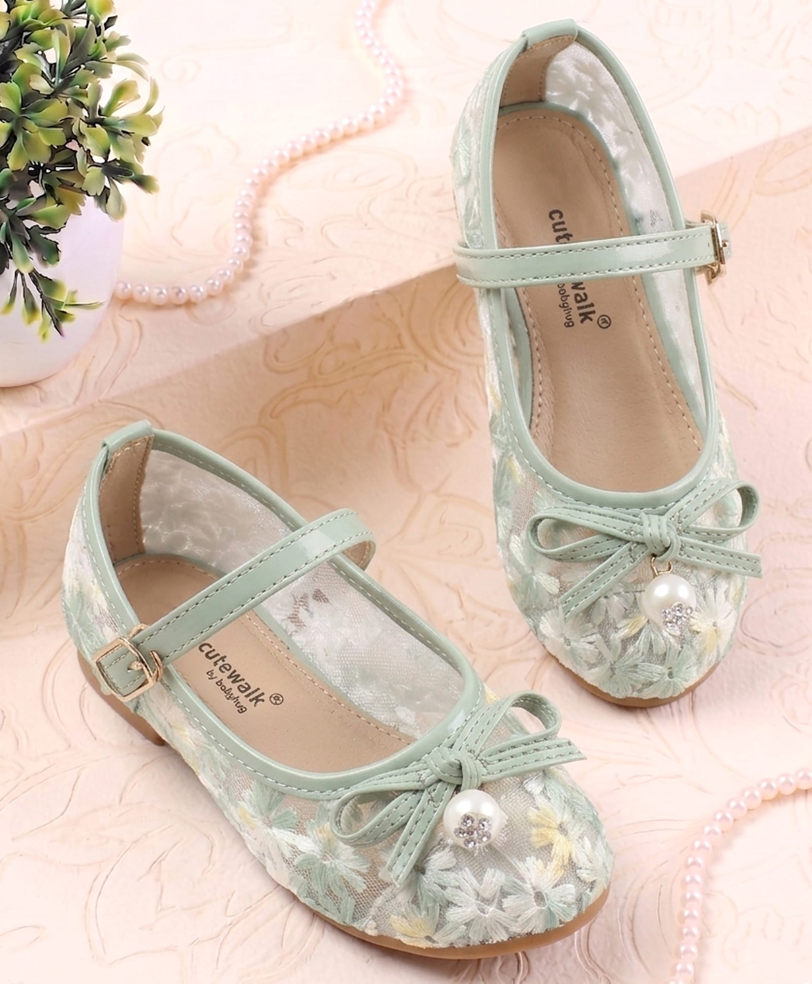 Cute Walk by Babyhug Buckle Closure Floral Embroidered Ballerina With Bow Applique - Light Green-image-41