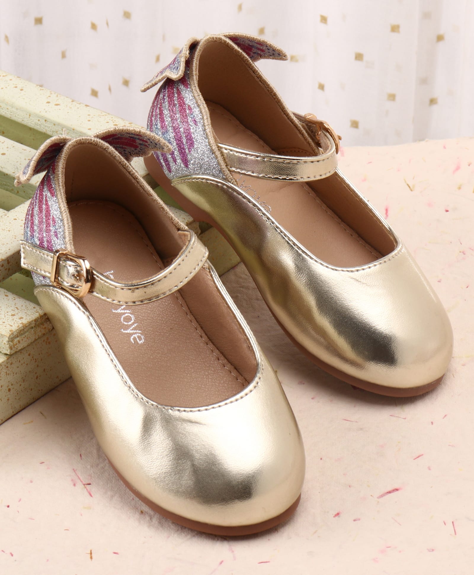 Babyoye Buckle Closure Glitter Ballerina With Butterfly Applique - Golden-picture-34