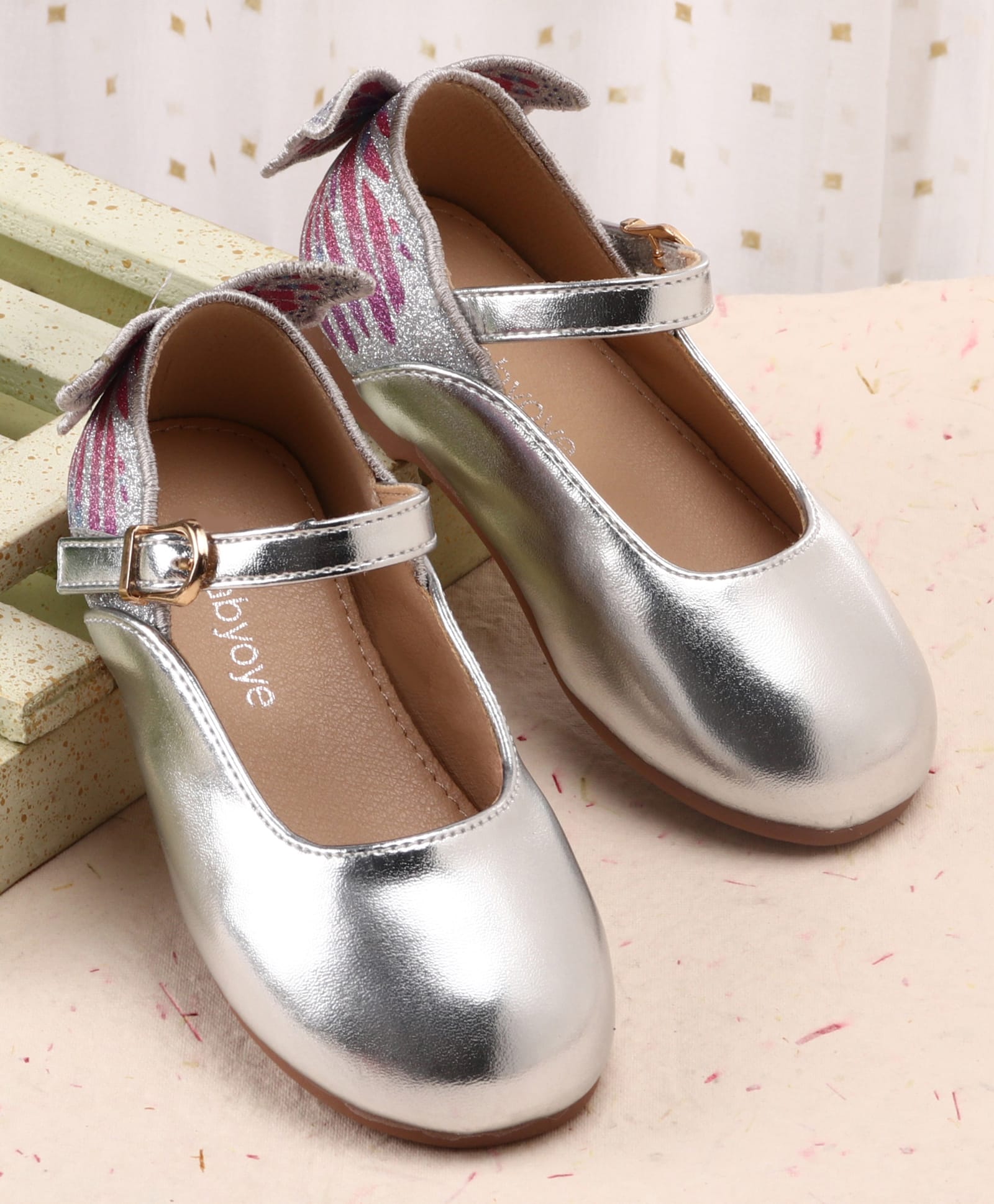 Babyoye Buckle Closure Glitter Ballerina With Butterfly Applique - Silver-image-31
