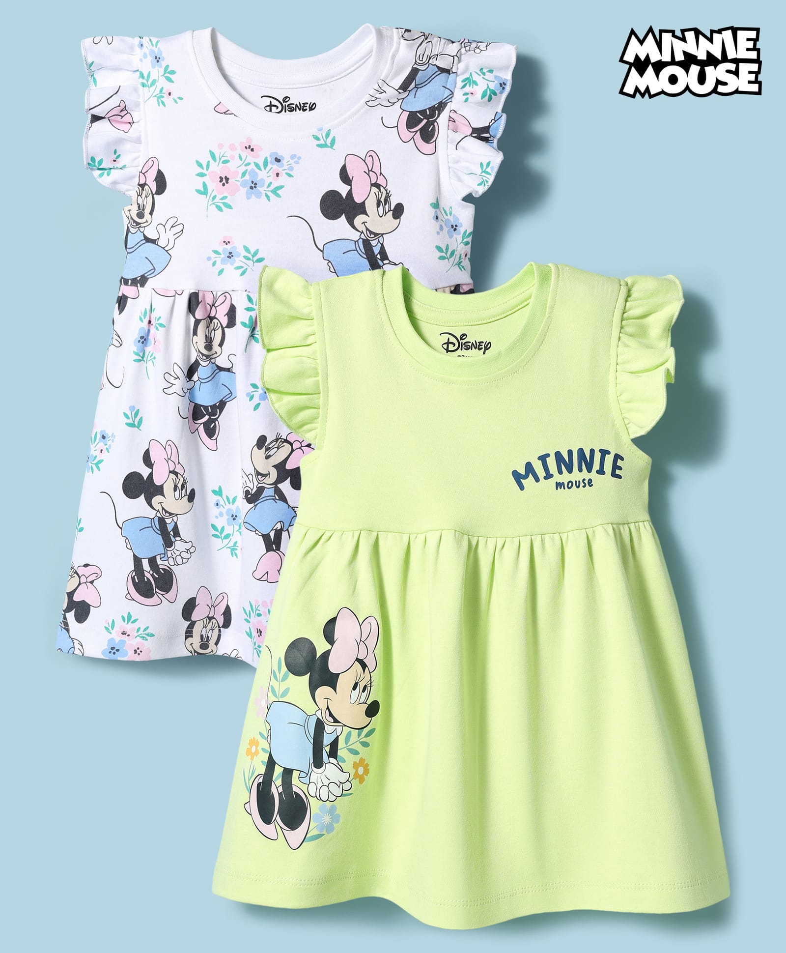 Babyhug Disney Single Jersey Half Sleeve Frill Frock With Minnie Mouse Graphic Pack of 2 - Light Yellow & White-image-37