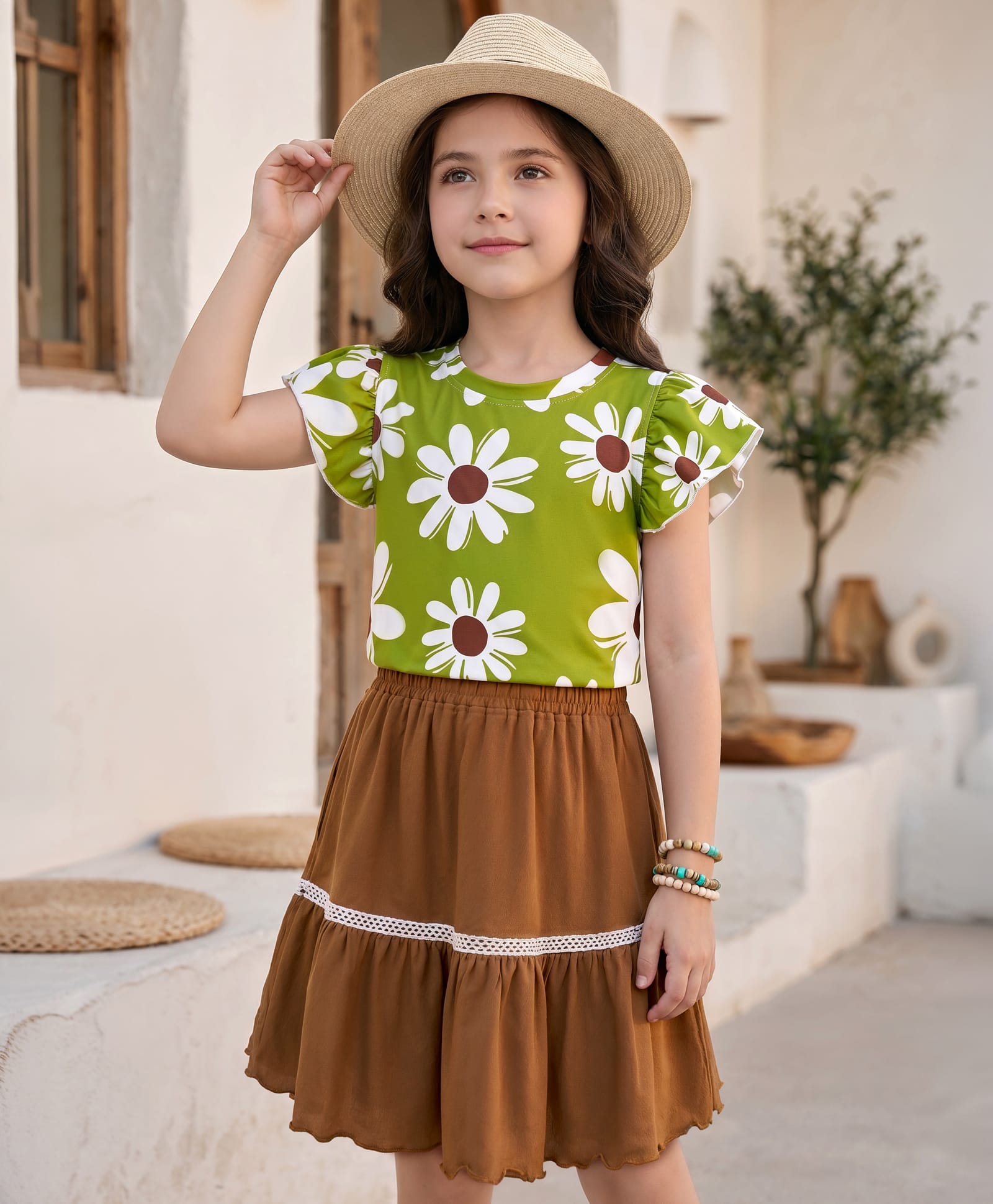 OLLINGTON ST. Cotton Knit Half Sleeves Printed Top & Skirt Set - Multicolour & Brown-image-47