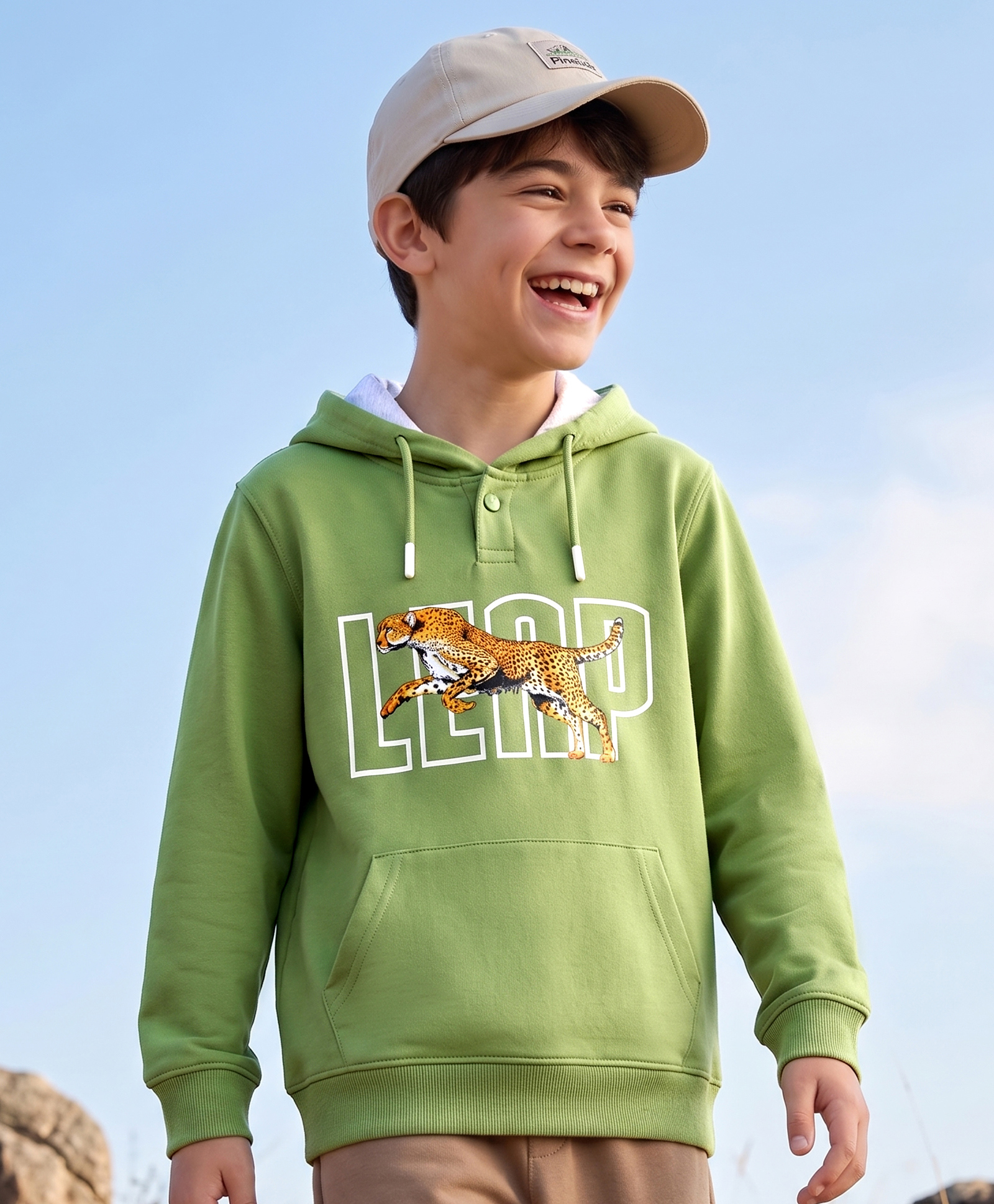 Pine Kids Cotton Knit Hooded Neck Sweatshirt with Leopard Graphic Print Green 4-5 Years-image-44