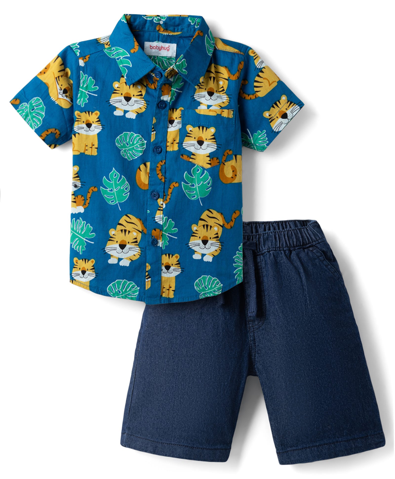 Babyhug Cotton Woven Half Sleeves Cubs Printed Shirt & Denim Shorts Set - Blue-picture-24