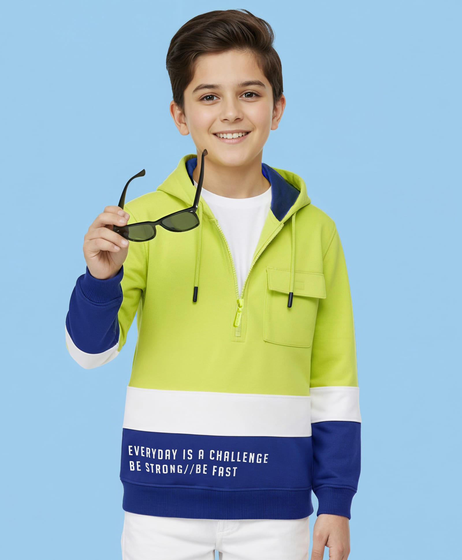 Pine Kids Cotton Knit Full Sleeves Hooded Colour Block Text Printed Sweat Shirt -Limegreen-picture-28
