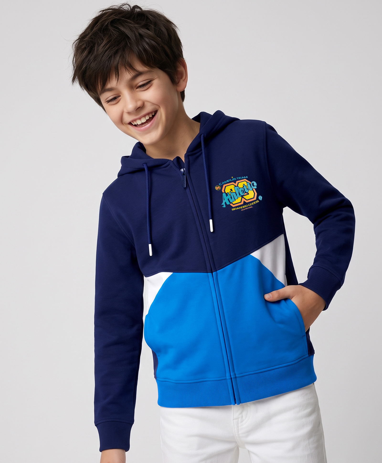 Pine Kids Cotton Knit Full Sleeves Hooded Colour Block Sweat Shirt With Athletic Print - Navy Blue-image-29
