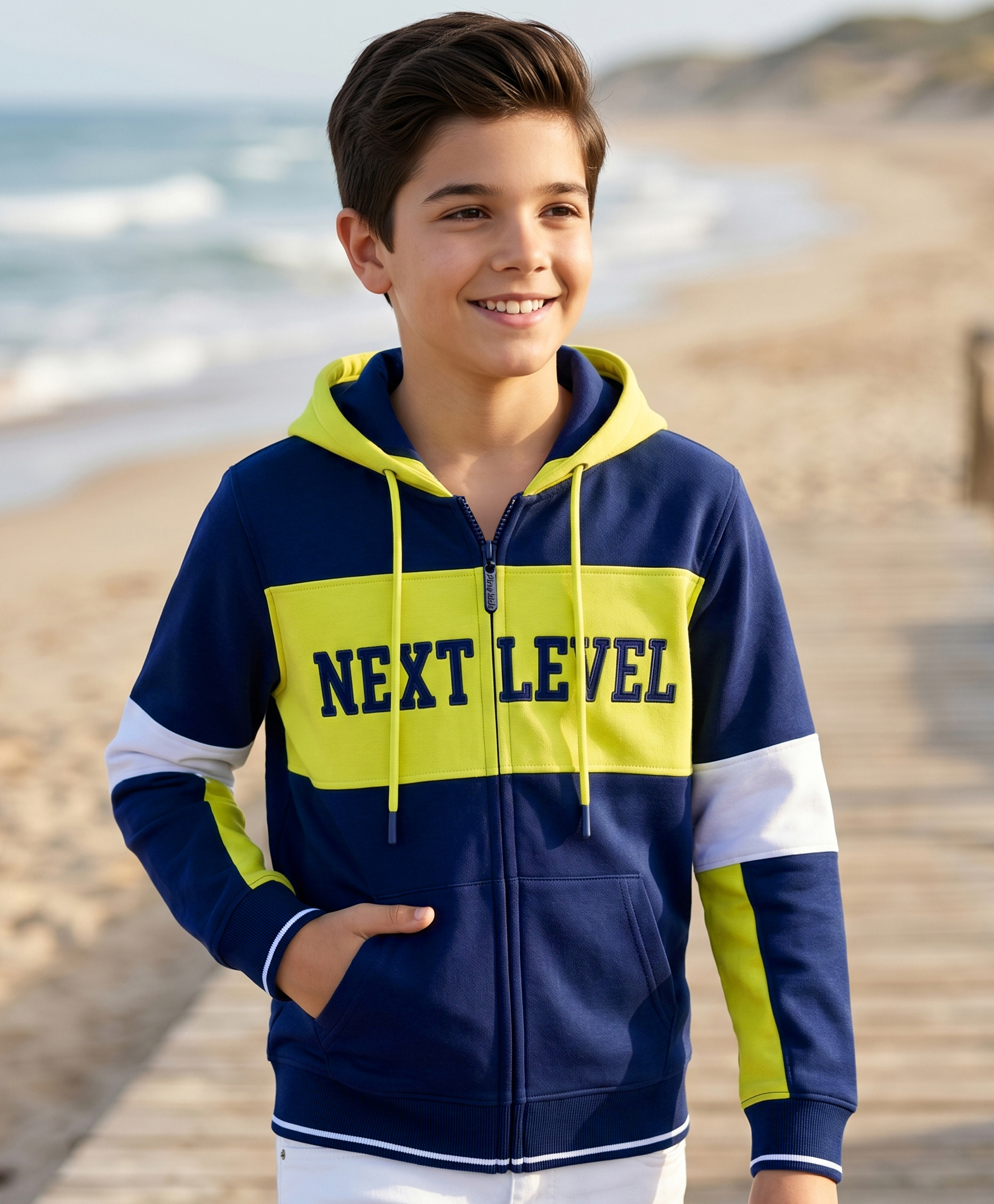 Pine Kids Cotton Knit Full Sleeves Colour Block Hooded Sweatshirt with Text Print- Navy-picture-27