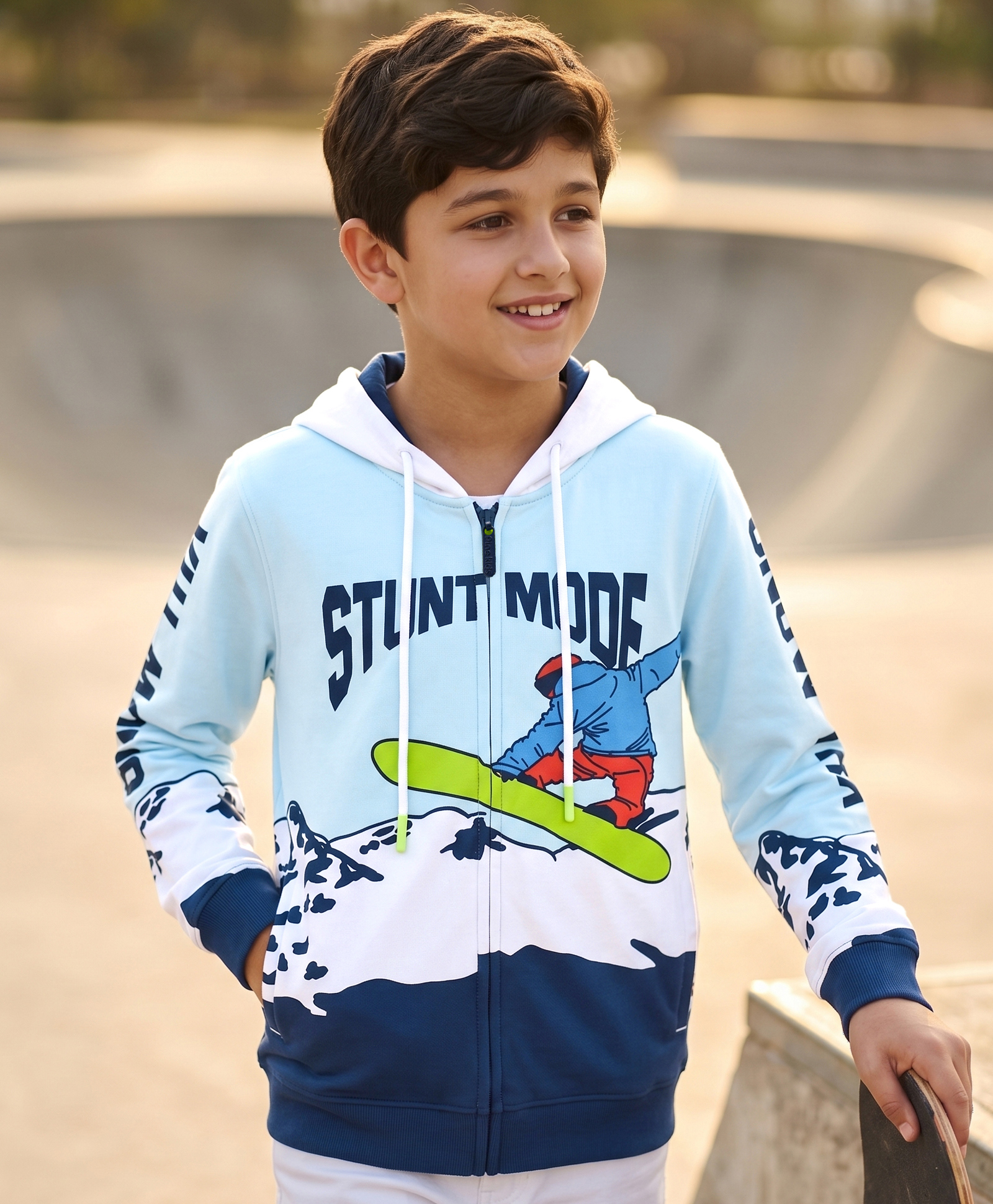Pine Kids Cotton Knit Full Sleeves Hooded Sweat Jacket with Skating Print - Blue-image-18