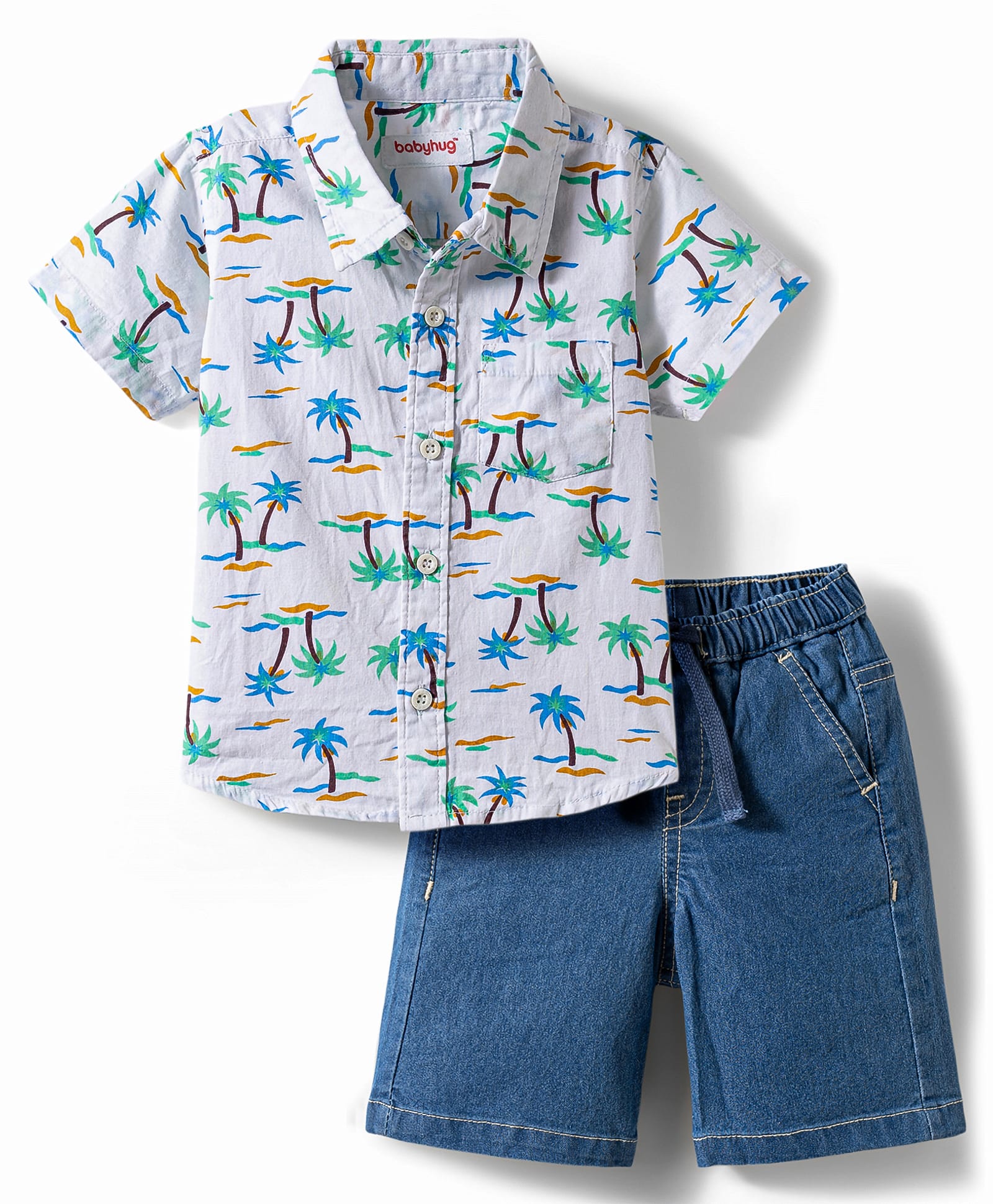 Babyhug Cotton Woven Half Sleeves Shirt & Denim Shorts Set With Tree Print - Multicolor-picture-24