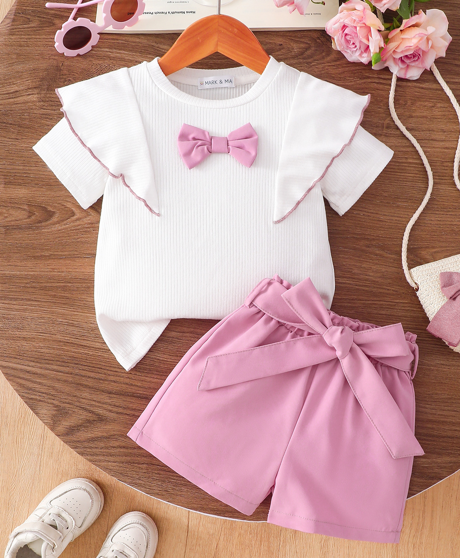Mark & Mia Viscose Half Sleeves Top & Shorts Set With Bow Applique - Pink-image-23