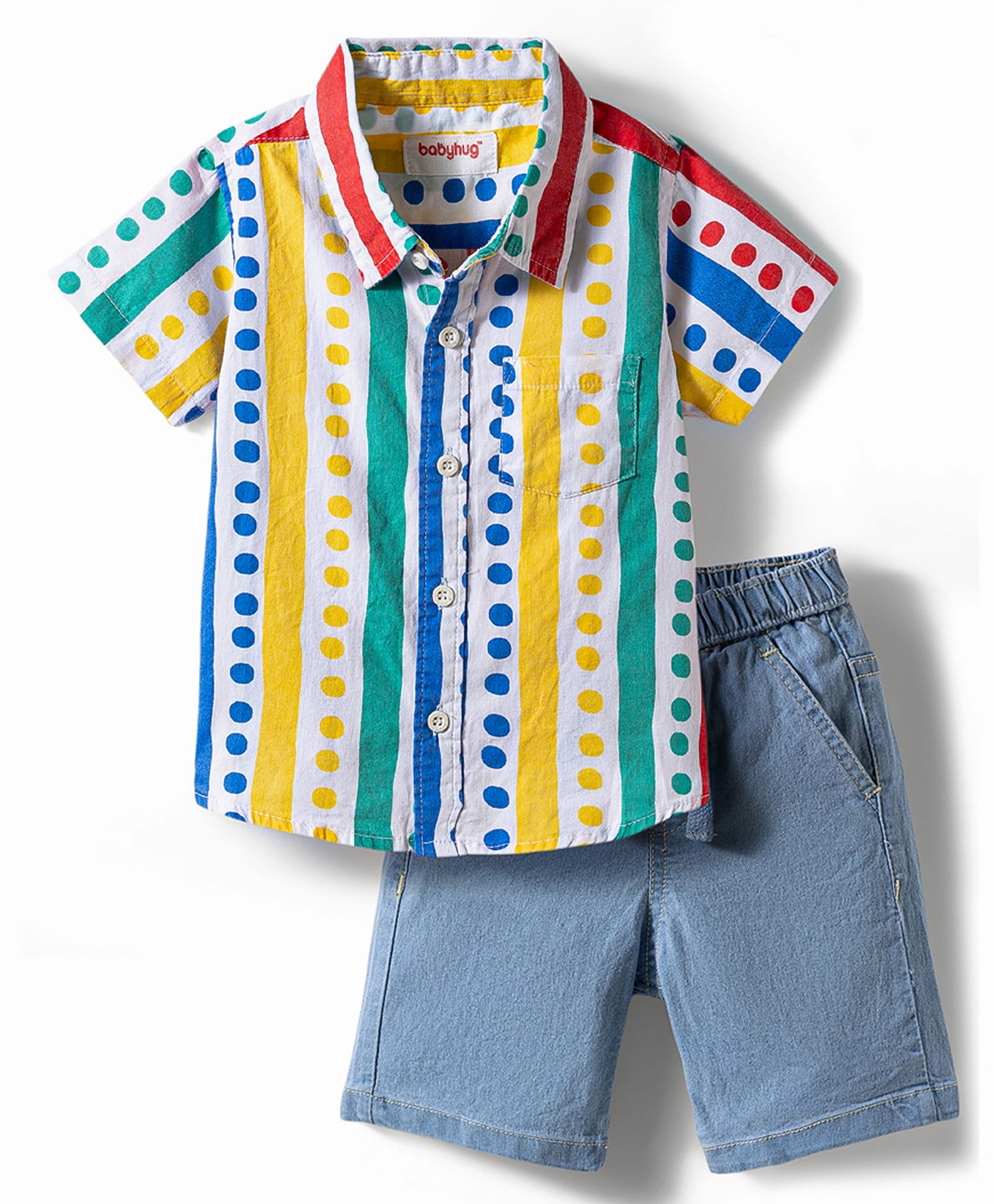 Babyhug Cotton Woven Half Sleeves Polka Dots Printed Shirt & Denim Shorts Set - Multicolor-picture-19
