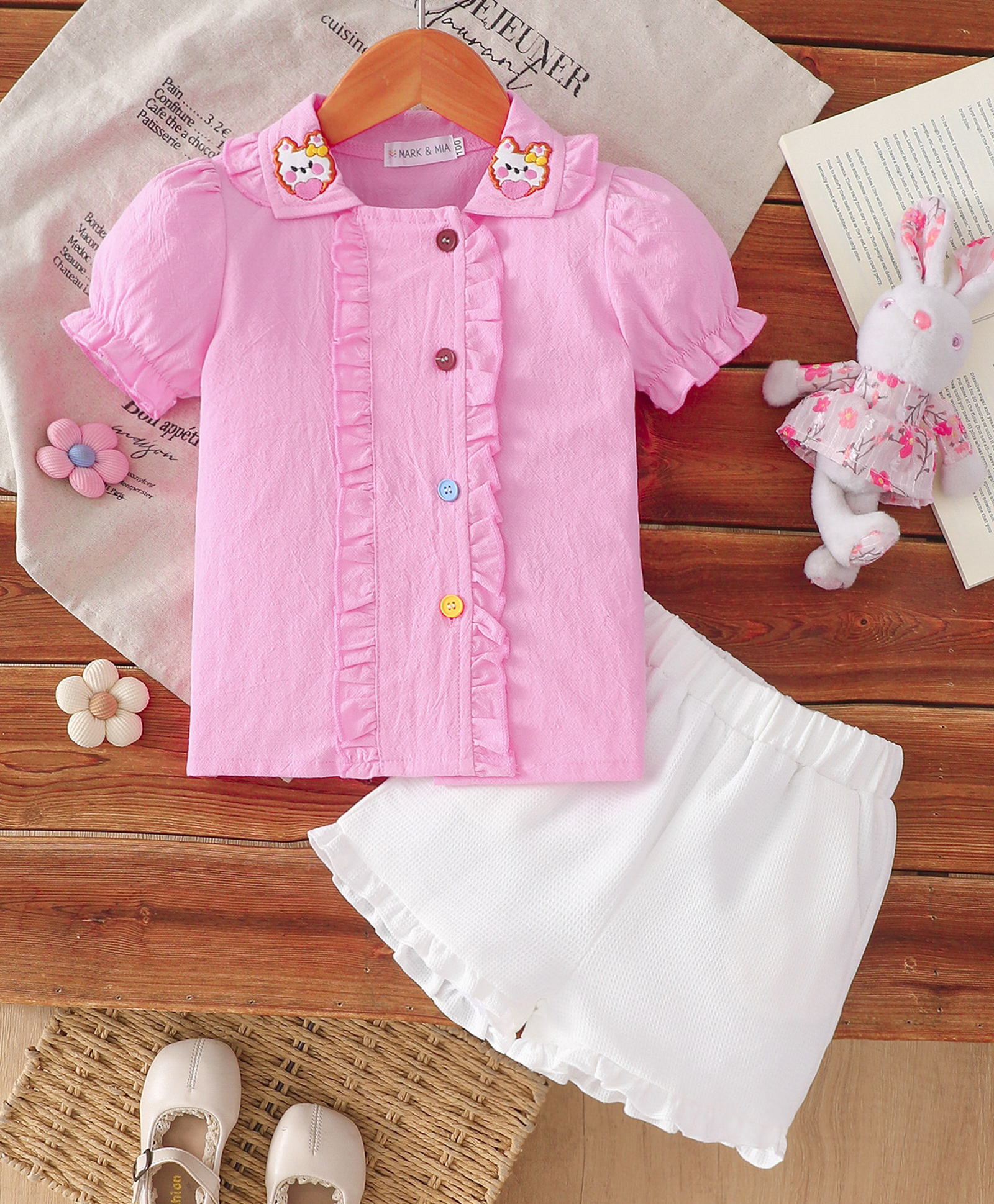 Mark & Mia Cotton Half Sleeves Top & Shorts Set With Cat Embroidery - Pink-picture-18