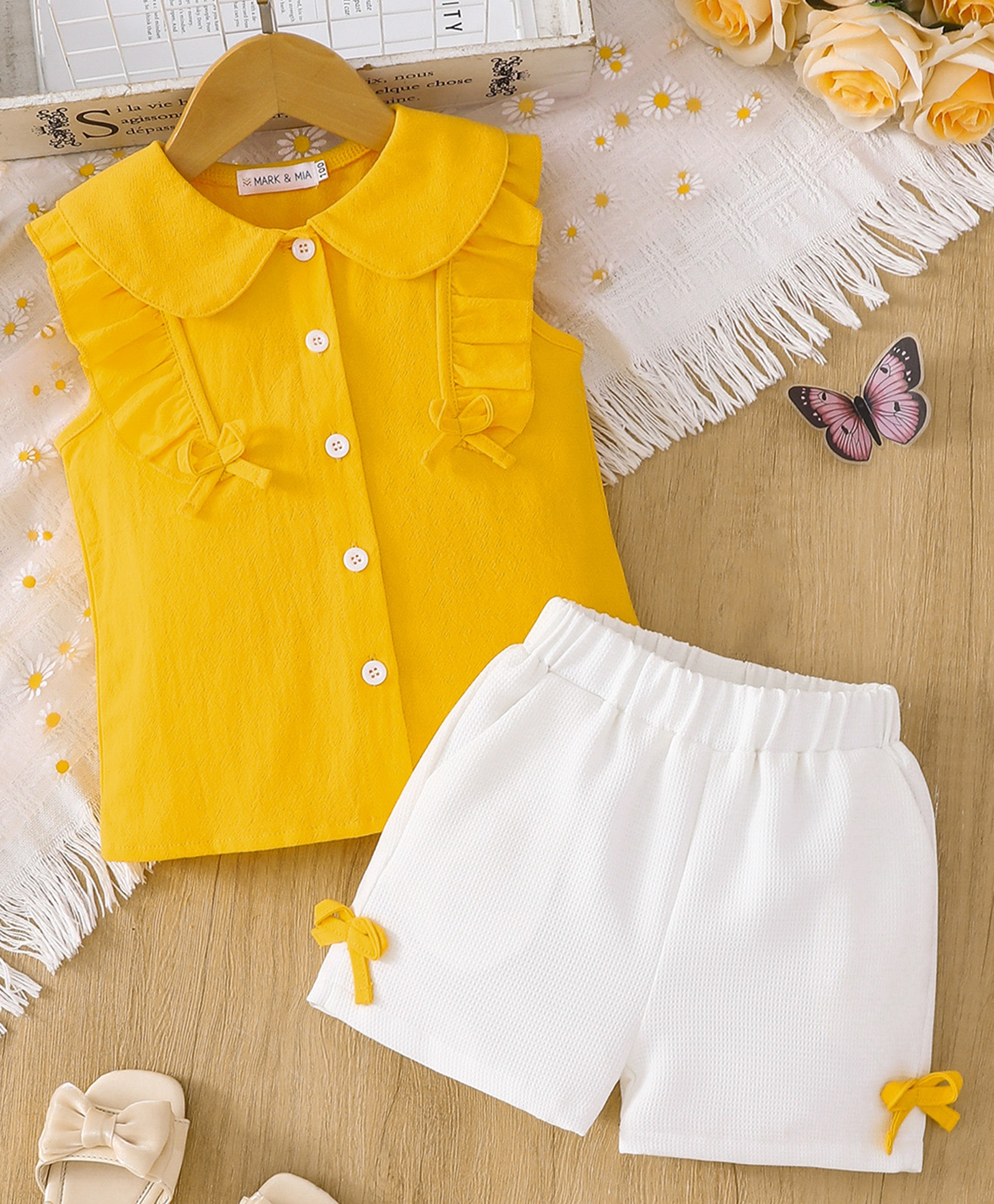 Mark & Mia Cotton Sleeveless Peter Pan Collared Top & Shorts Set - Yellow-image-28