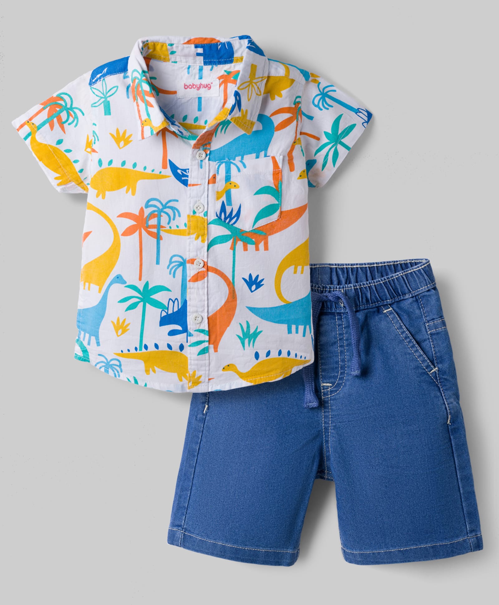Babyhug Cotton Woven Half Sleeves Dino Printed Shirt & Denim Shorts Set - White-picture-23