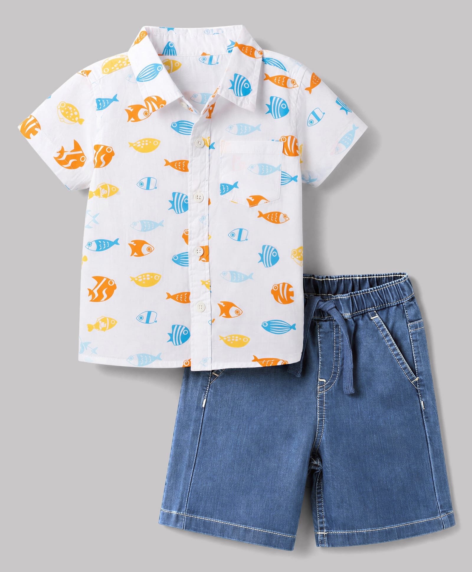 Babyhug Cotton Woven Half Sleeves Shirt & Shorts Set with Sea Life Print - Blue & White-picture-26