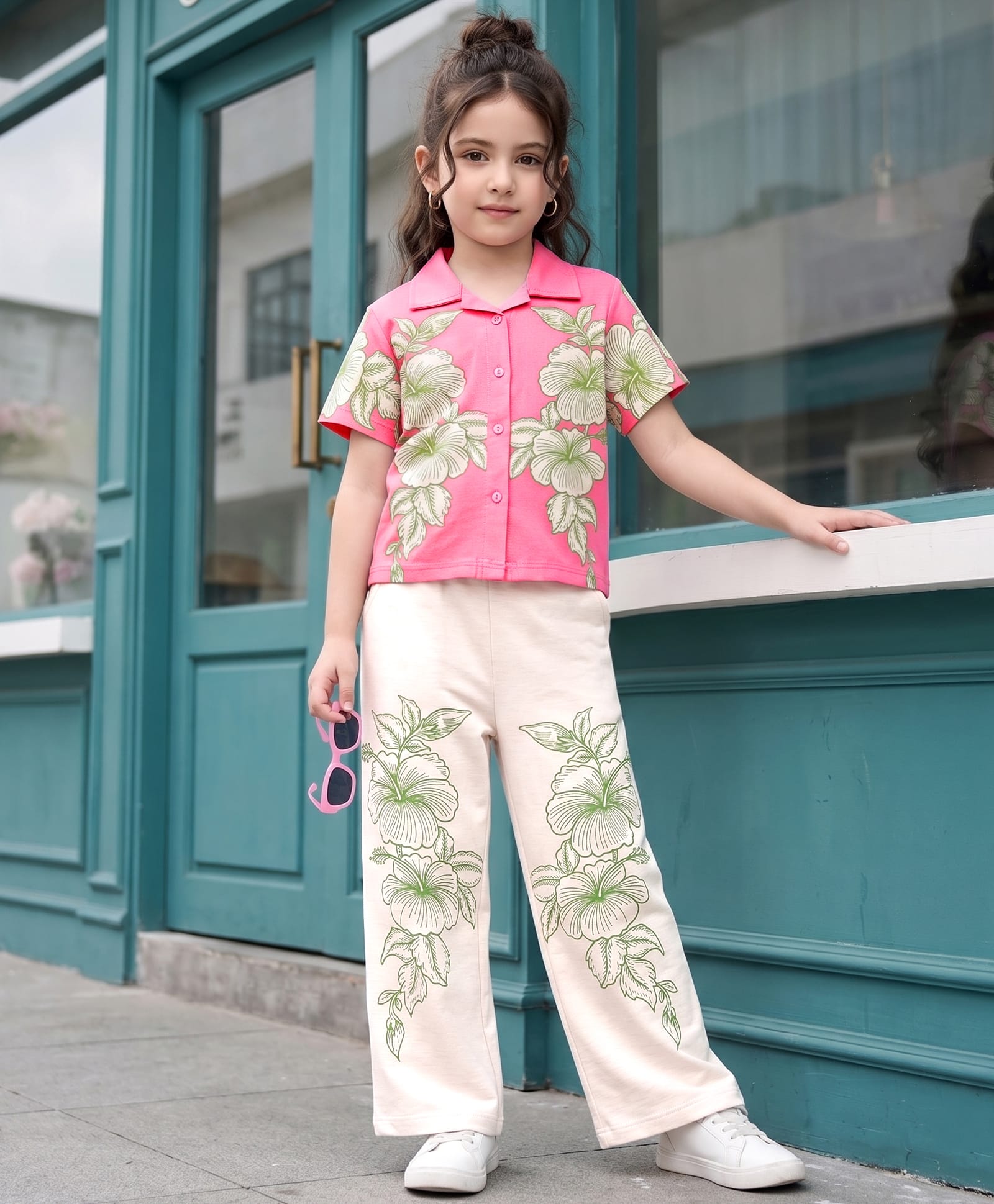 OLLINGTON ST. Cotton Knit Half Sleeves Floral Printed Top & Culottes Set - Pink & Off White-image-49