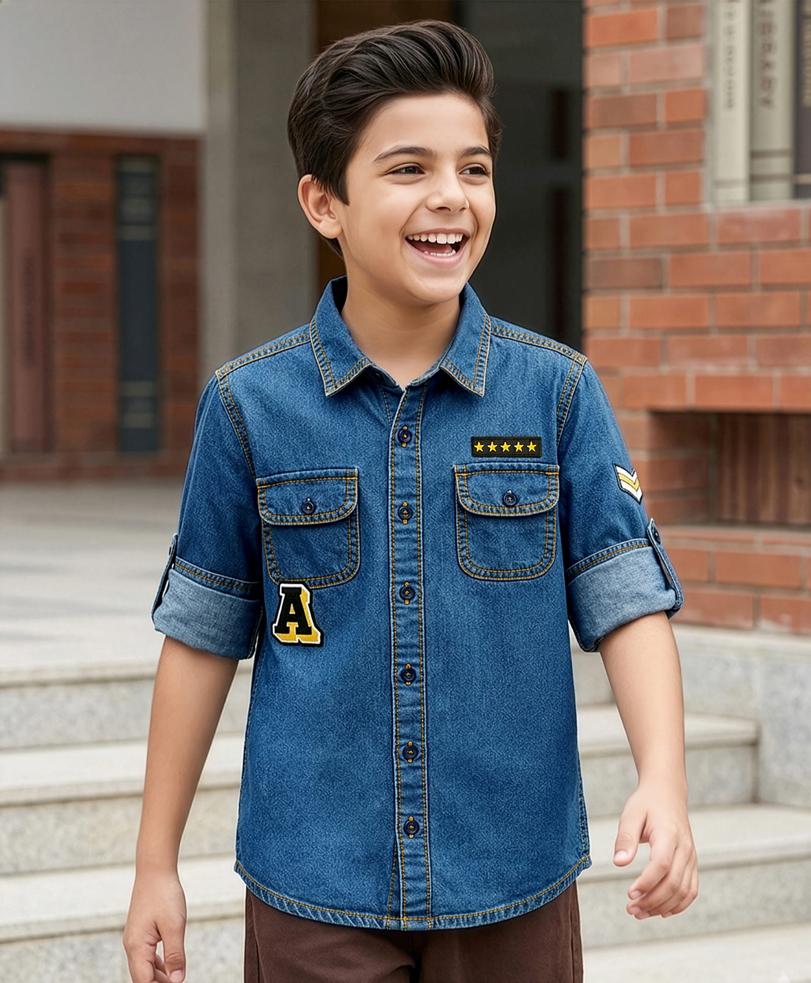 Pine Kids Cotton Woven Denim Shirt with Roll Up Sleeves and Appliques Multi Color 6-7 Years-image-2