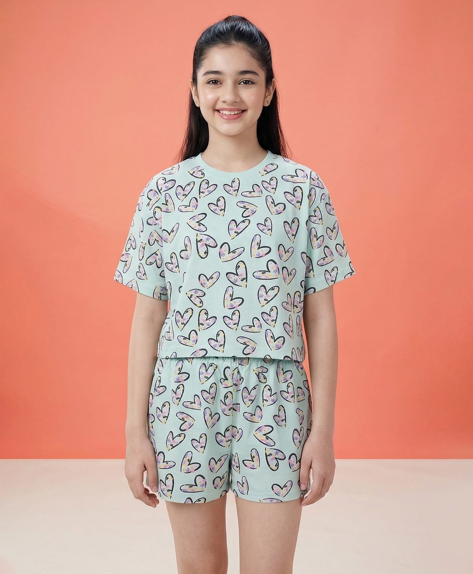 Lil Tomatoes Cotton Knit Half Sleeves Hearts Printed Coordinating Top & Shorts Night Suit - Mint Green-image-11