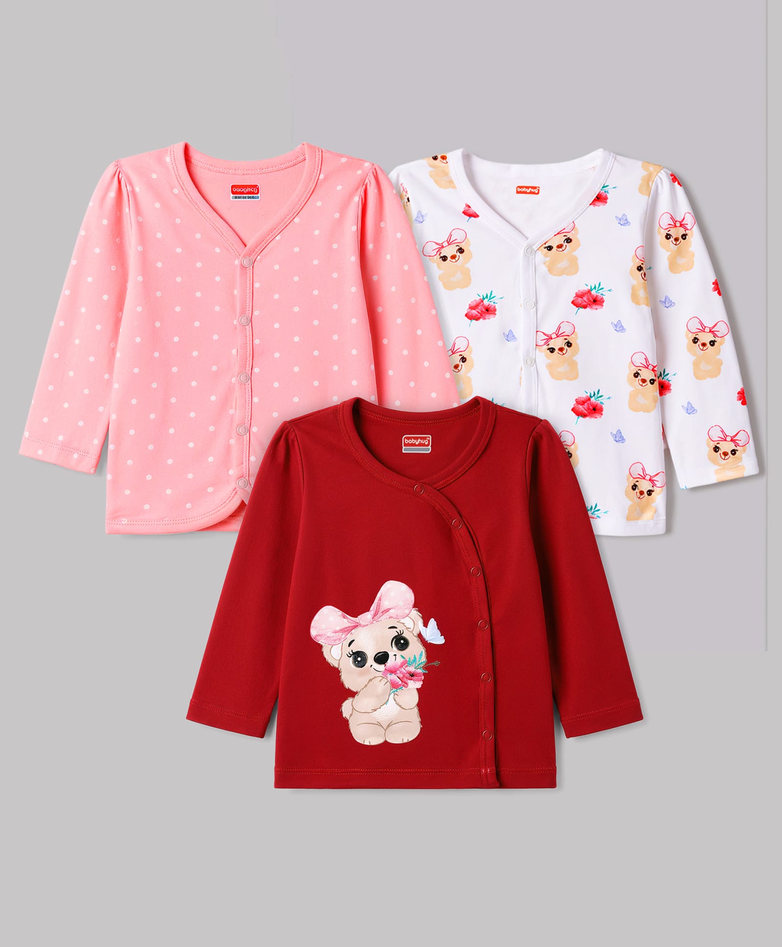 Babyhug 100% Cotton Knit Full Sleeves Bear & Floral Printed Jhablas Pack Of 3 - Multicolor-picture-19