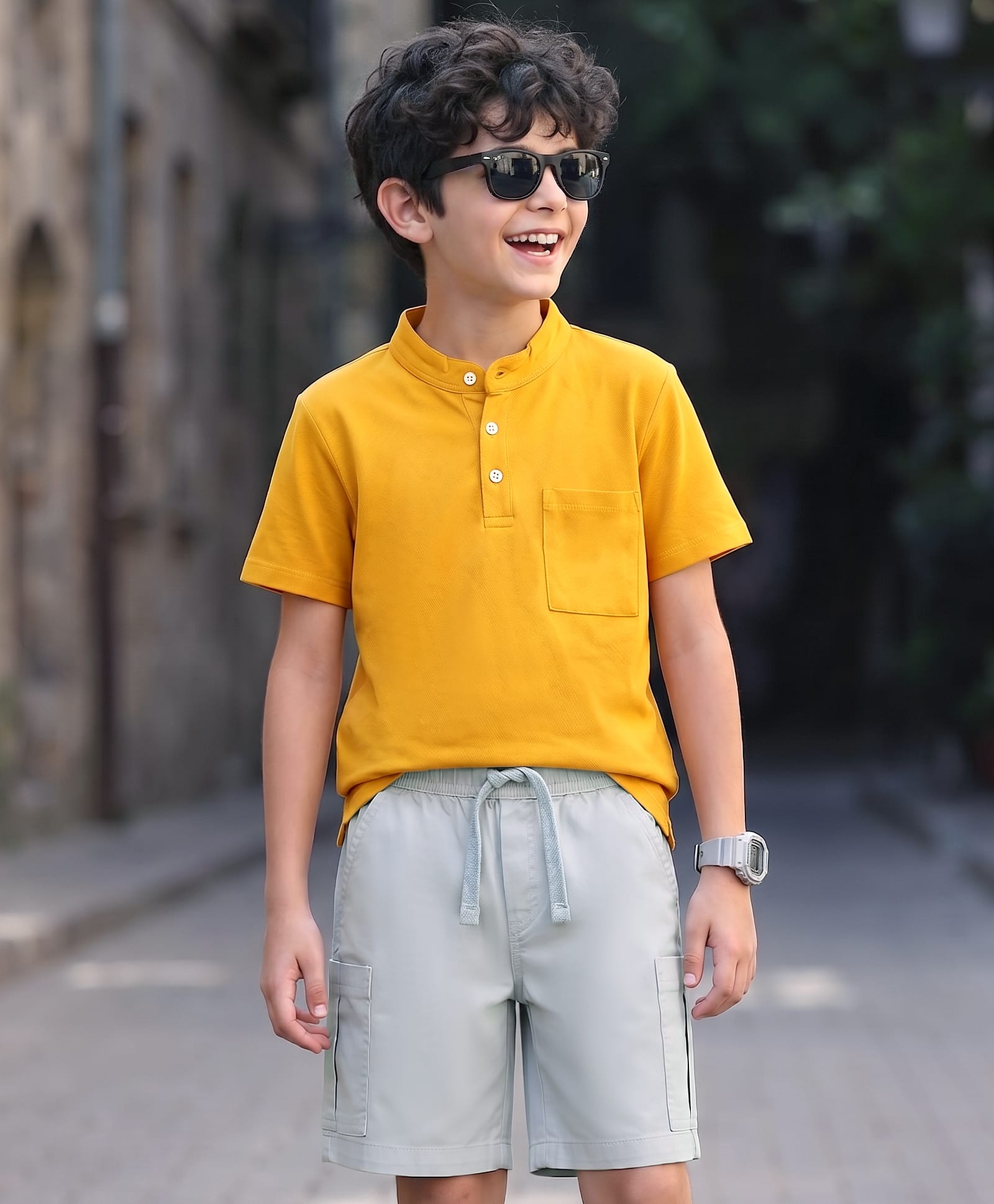 Pine Kids Cotton Knit Half Sleeves T-Shirt & Shorts Set - Golden & Grey-image-21