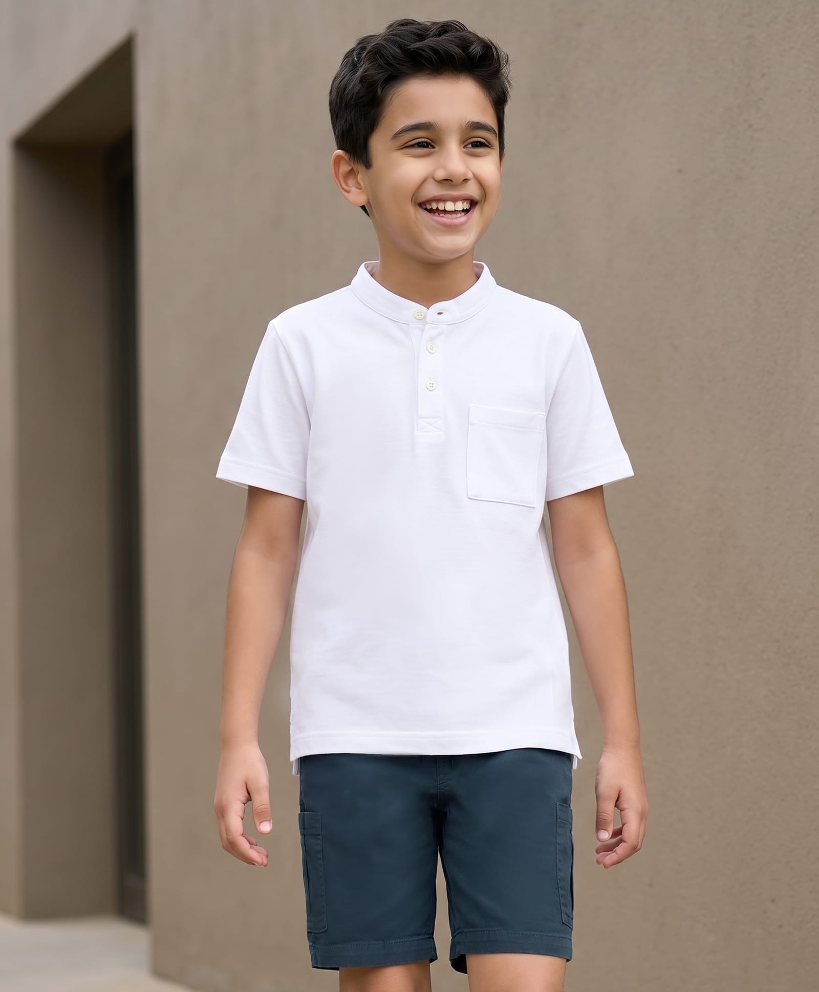 Pine Kids Cotton Knit Half Sleeves Solid T-Shirt & Shorts Set - White & Navy Blue-image-26