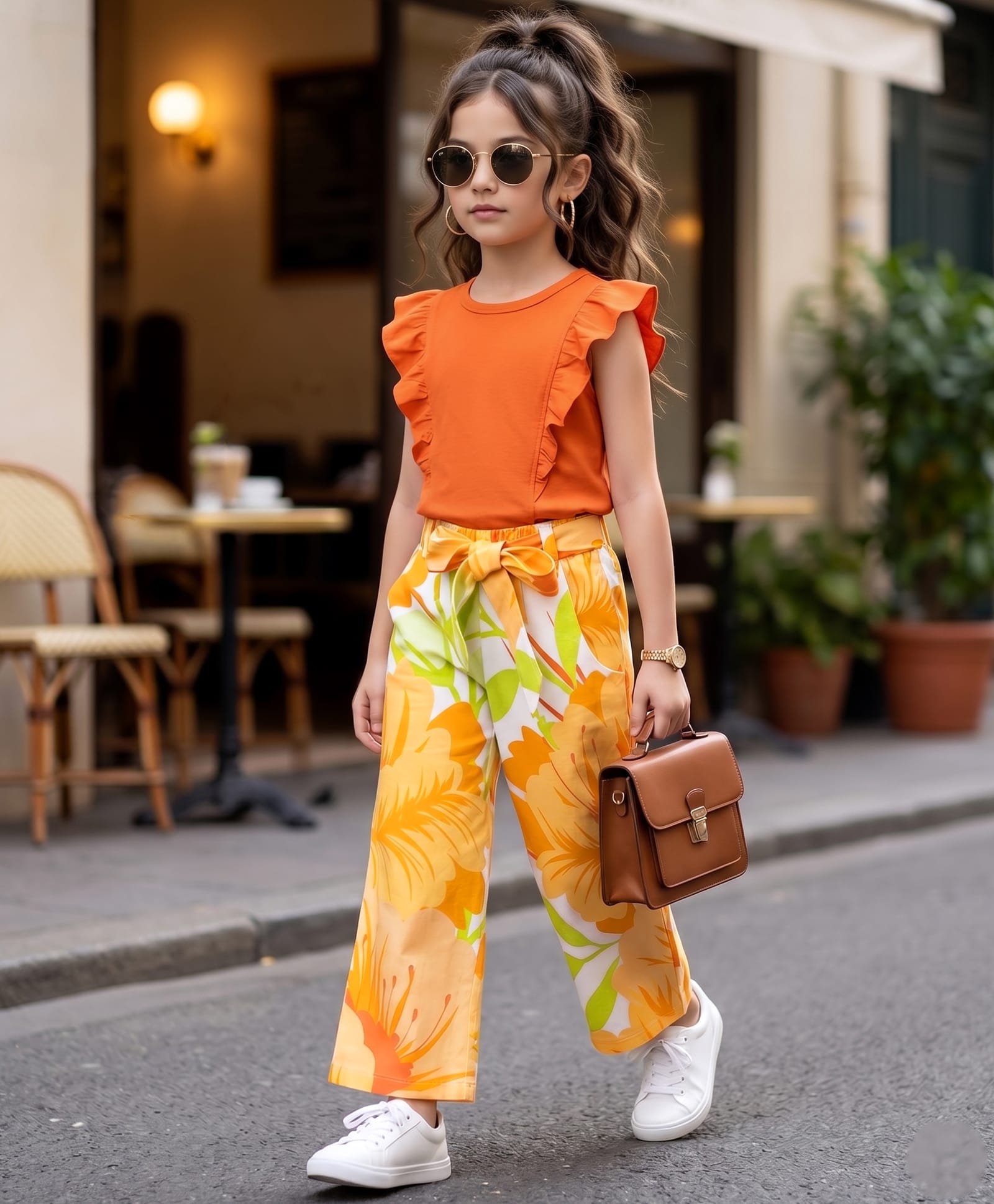 Ollington St. Cotton Knit Half Sleeve Solid Top & Floral Printed Culottes-Rust Orange & Multicolour-image-30